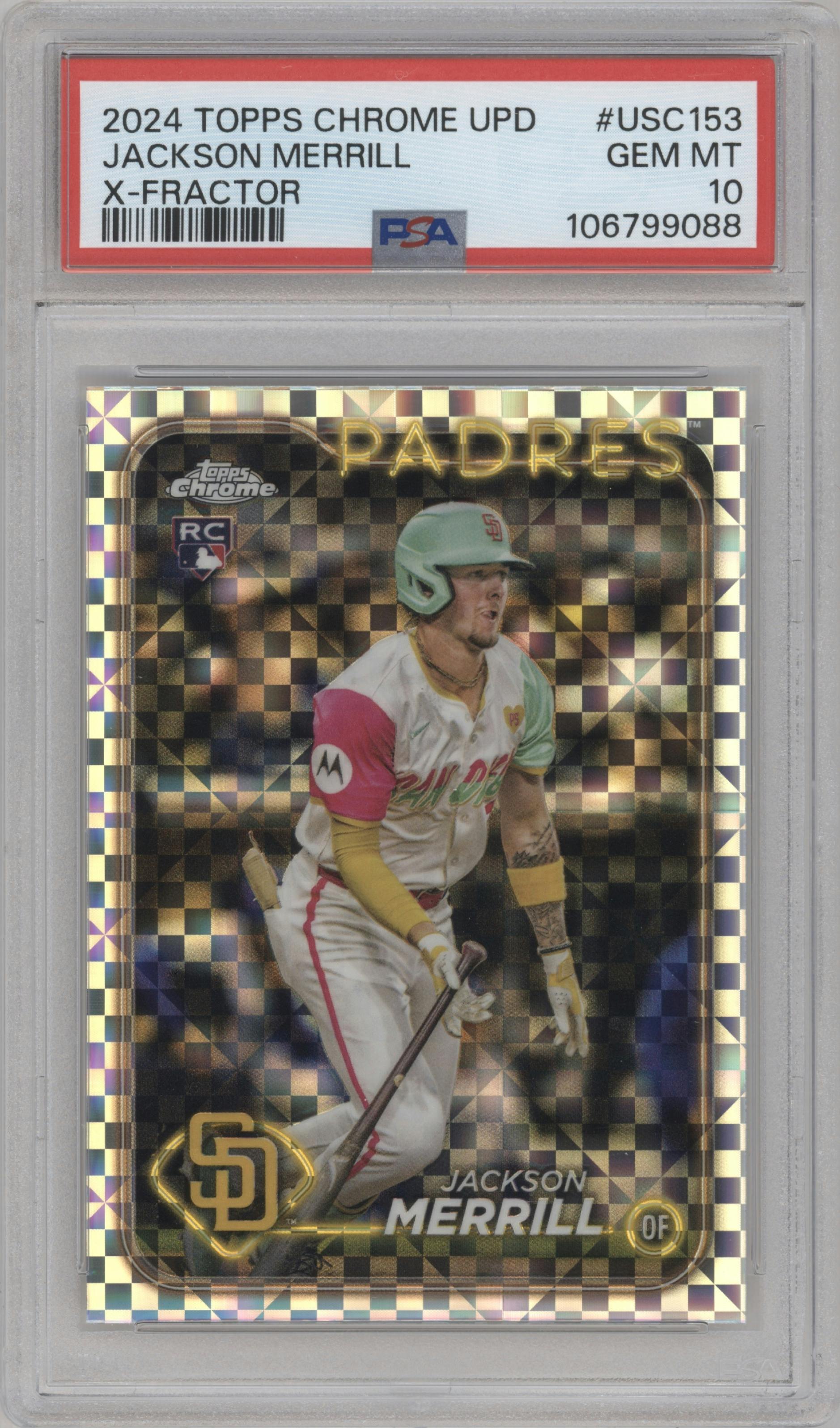Jackson Merrill from the 2024 Topps Chrome Update set featuring a X-Fractor parallel graded by PSA and given an overall grade of 10.