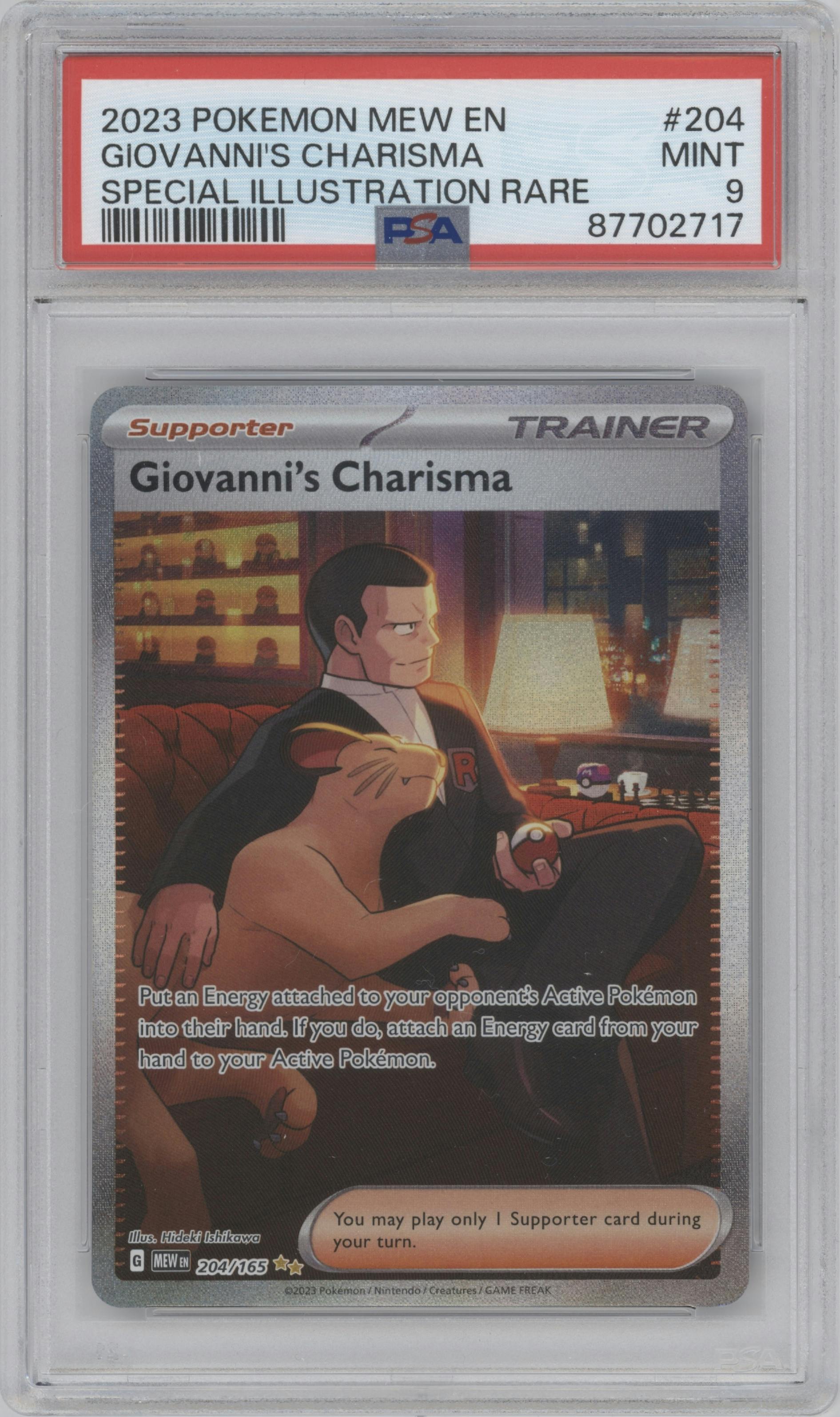 Giovanni's Charisma from the 2023 Pokemon SV set graded by PSA and given an overall grade of 9.