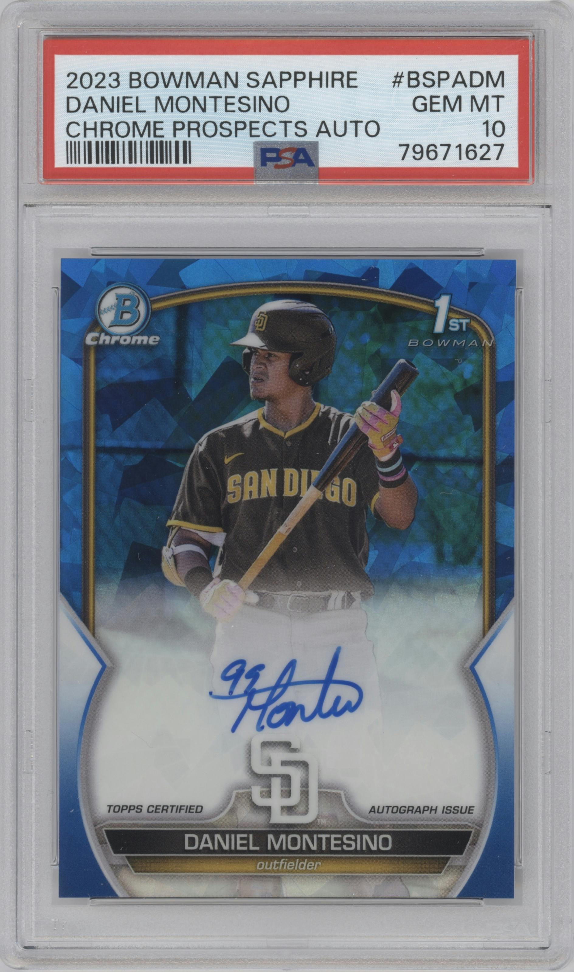 Daniel Montesino from the 2023 Bowman Sapphire Edition set graded by PSA and given an overall grade of 10.