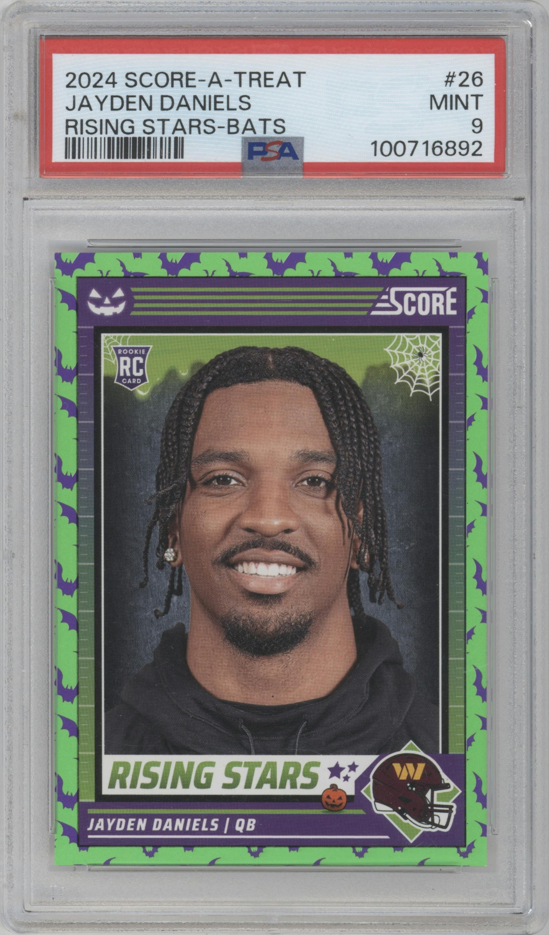 Jayden Daniels from the 2024 Score-a-Treat set featuring a Bats parallel graded by PSA and given an overall grade of 9.