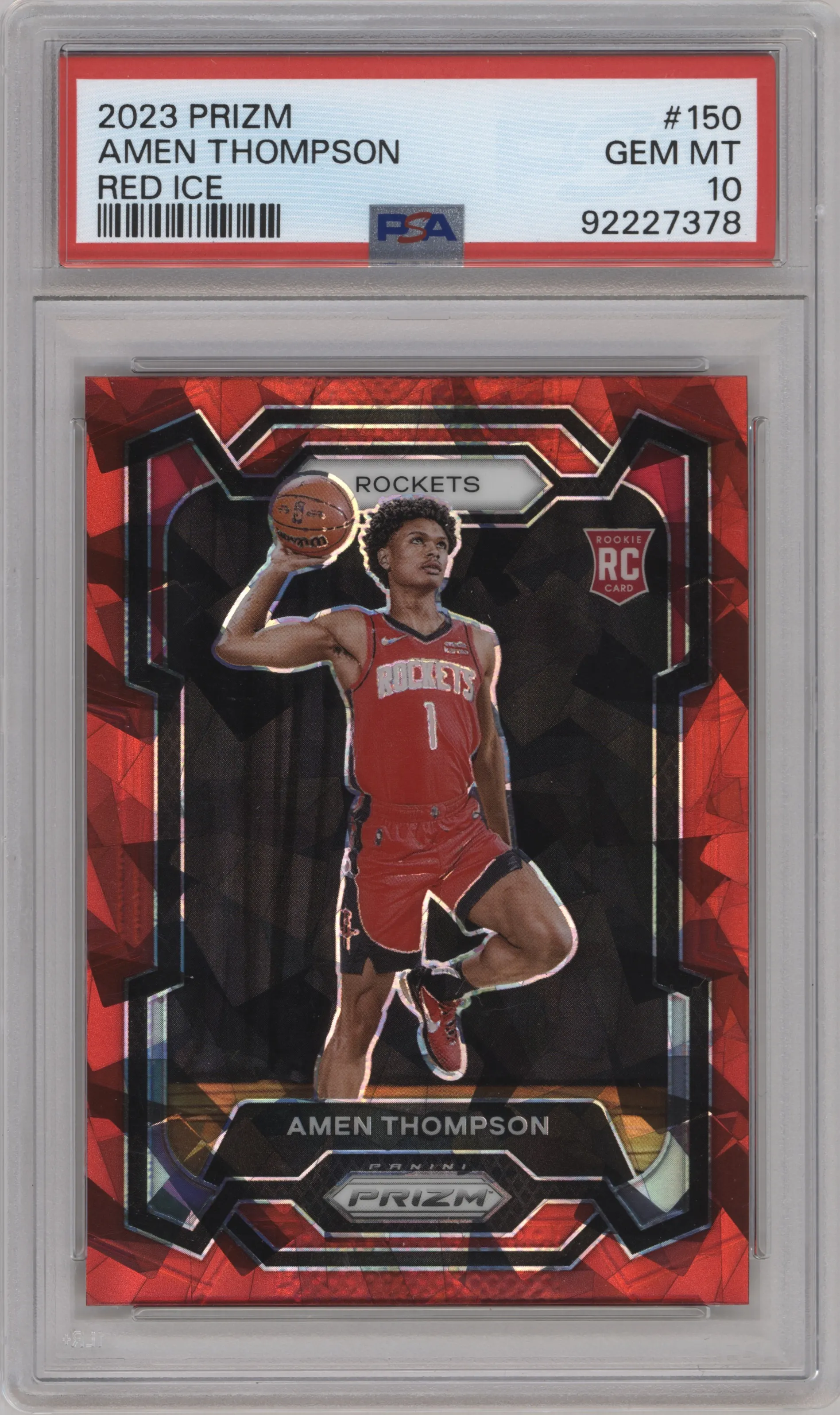 Amen Thompson from the 2023-24 Panini Prizm set featuring a Red Ice parallel graded by PSA and given an overall grade of 10.