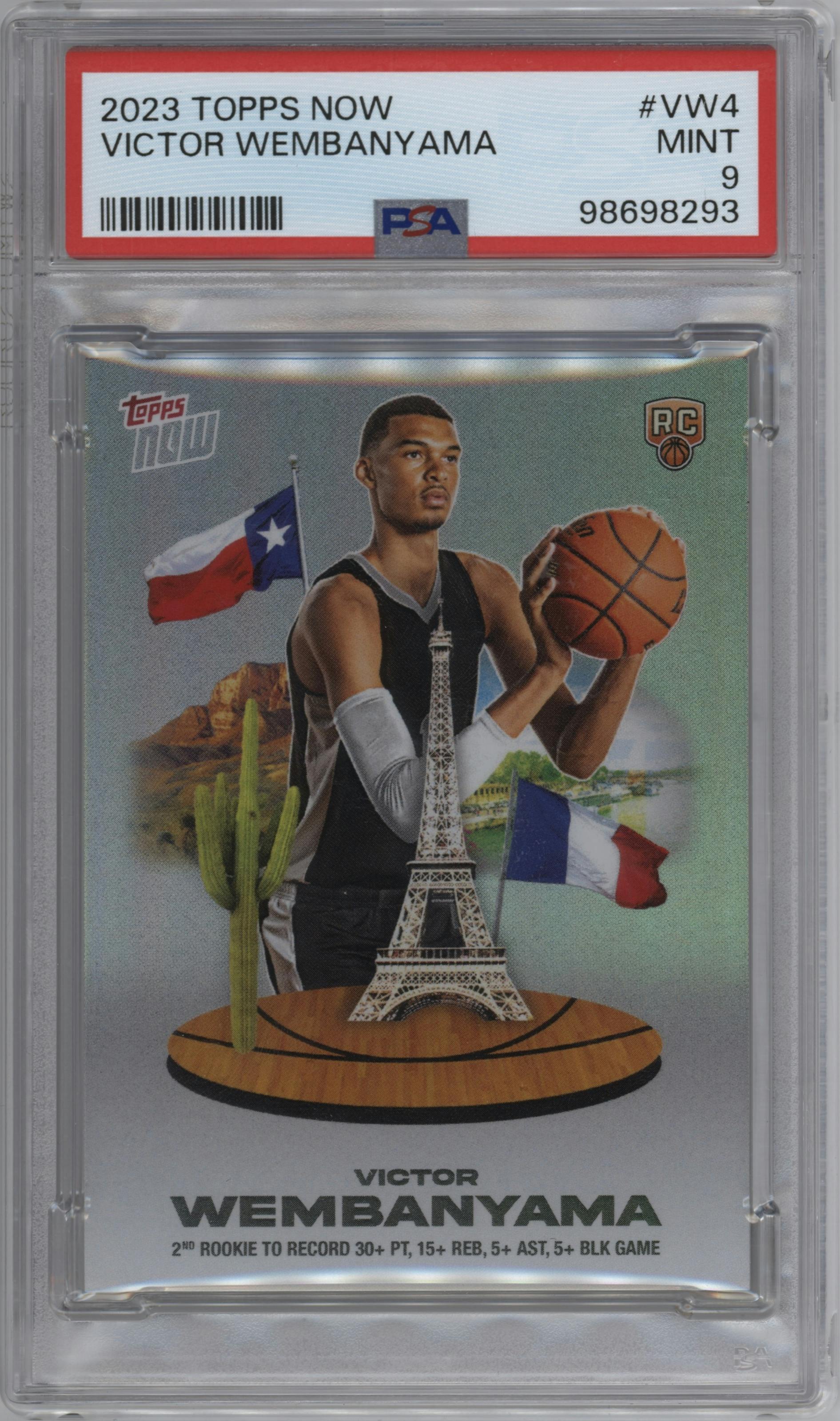 Victor Wembanyama from the 2023-24 Topps Now set graded by PSA and given an overall grade of 9.