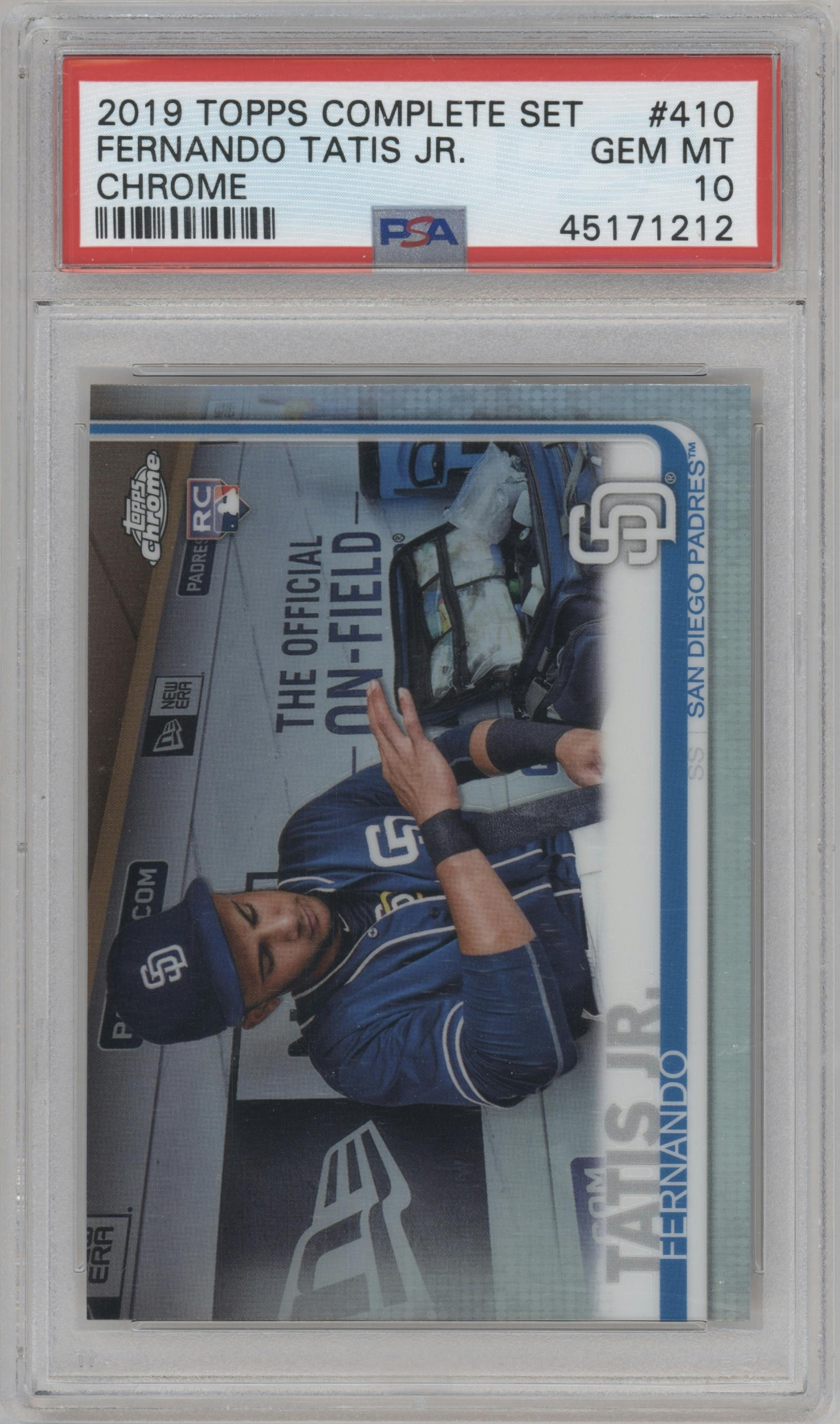 Fernando Tatis Jr. from the 2019 Topps Complete Set set graded by PSA and given an overall grade of 10.