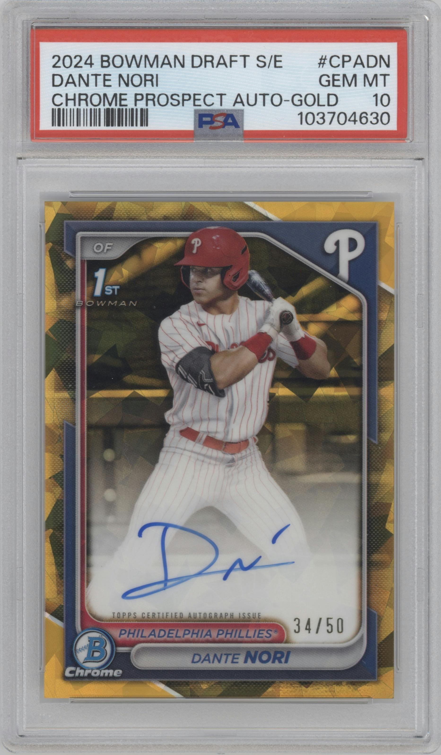 Dante Nori from the 2024 Bowman Draft Sapphire Edition set featuring a Gold parallel graded by PSA and given an overall grade of 10.