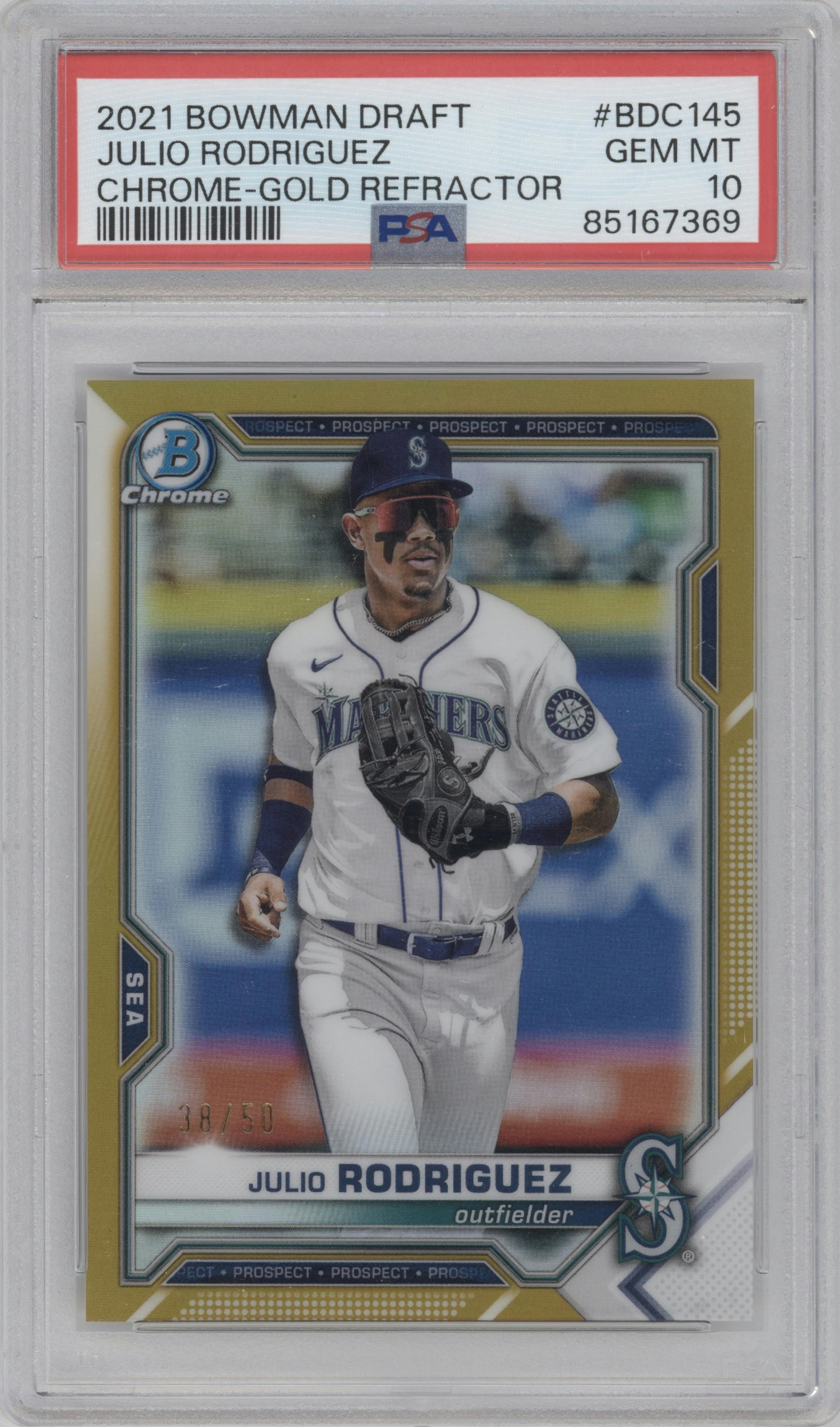 Julio Rodriguez from the 2021 Bowman Draft set featuring a Gold Refractor parallel graded by PSA and given an overall grade of 10.