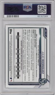 Julio Rodriguez from the 2021 Bowman Draft set featuring a Gold Refractor parallel graded by PSA and given an overall grade of 10.