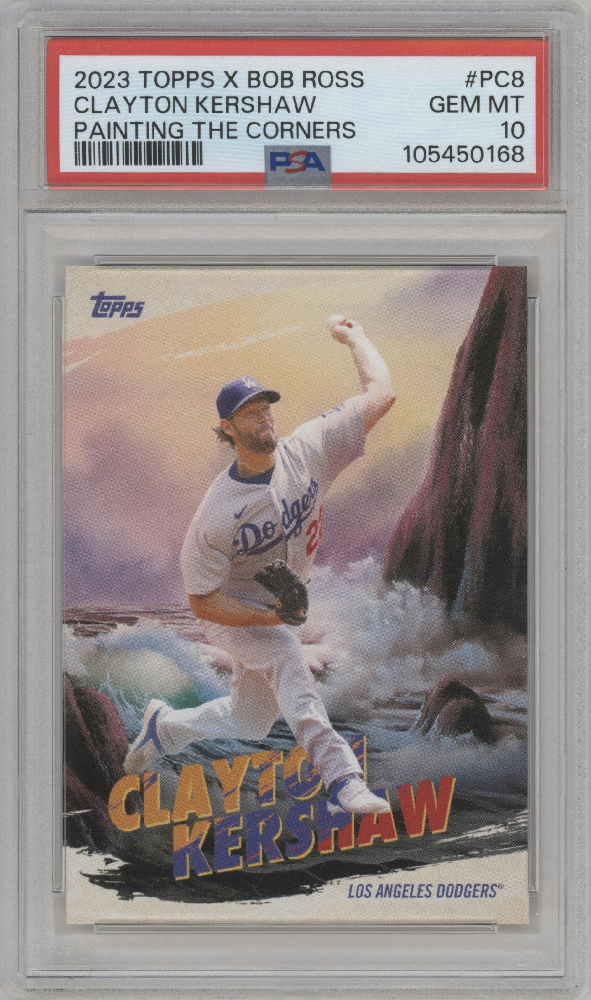 Clayton Kershaw from the 2023 Topps X Bob Ross The Joy of Baseball set graded by PSA and given an overall grade of 10.