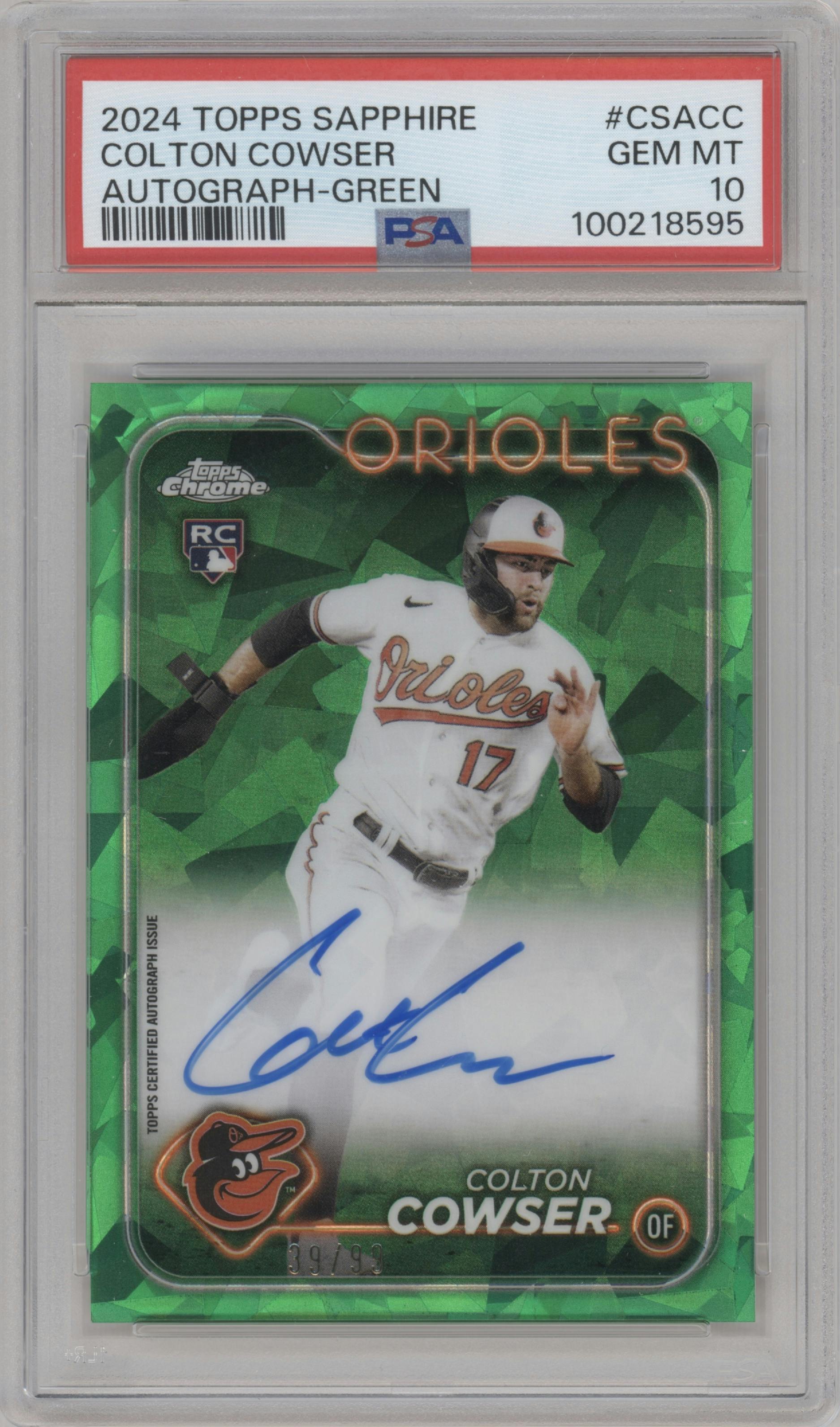 Colton Cowser from the 2024 Topps Chrome Sapphire set featuring a Green parallel graded by PSA and given an overall grade of 10.