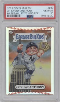 Atta’Boy Anthony from the 2023 Topps Garbage Pail Kids x MLB Series 3 set featuring a Baseball Stitching Foil parallel graded by PSA and given an overall grade of 10.
