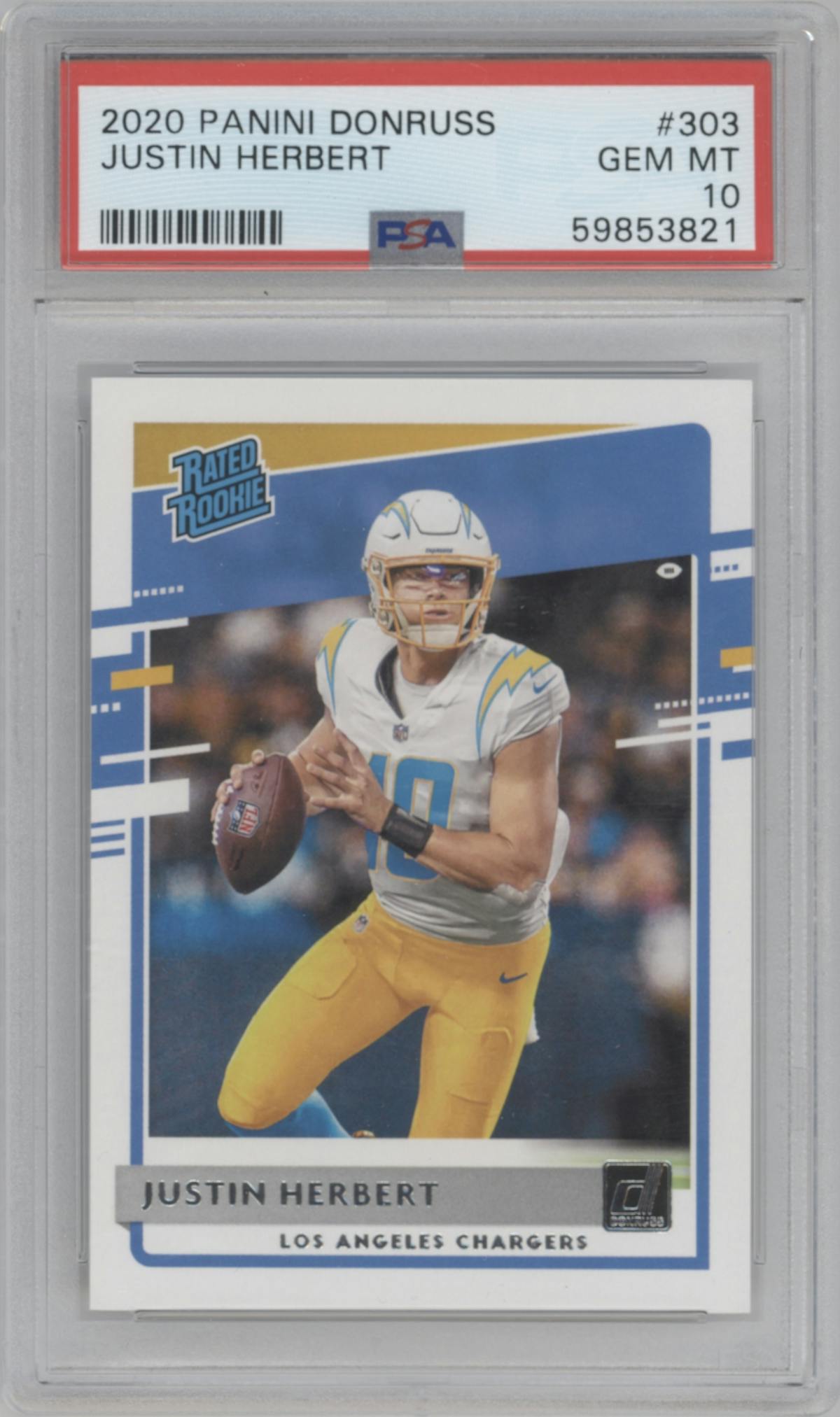 Justin Herbert from the 2020 Panini Donruss set graded by PSA and given an overall grade of 10.