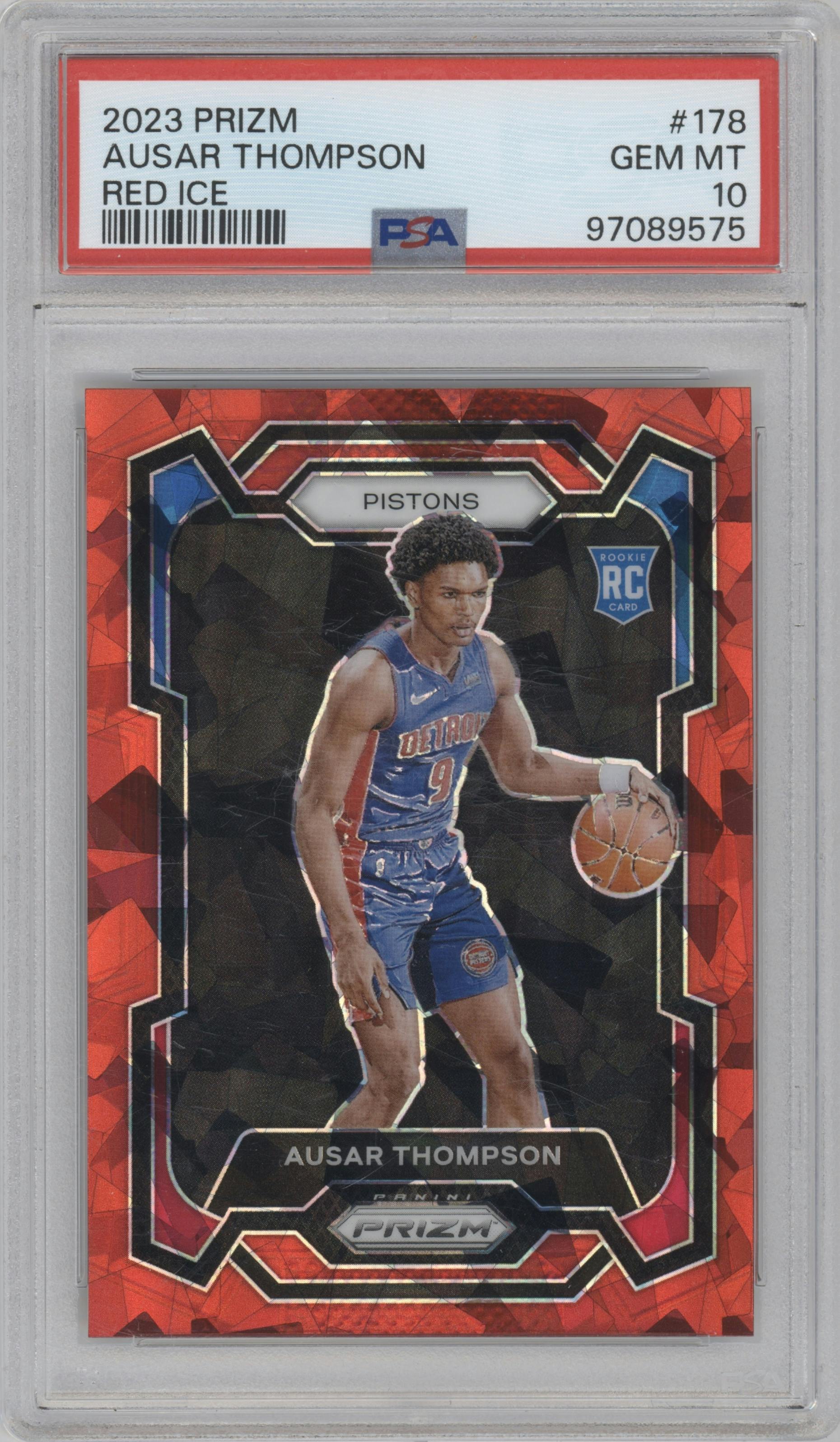 Ausar Thompson from the 2023-24 Panini Prizm set featuring a Red Ice parallel graded by PSA and given an overall grade of 10.