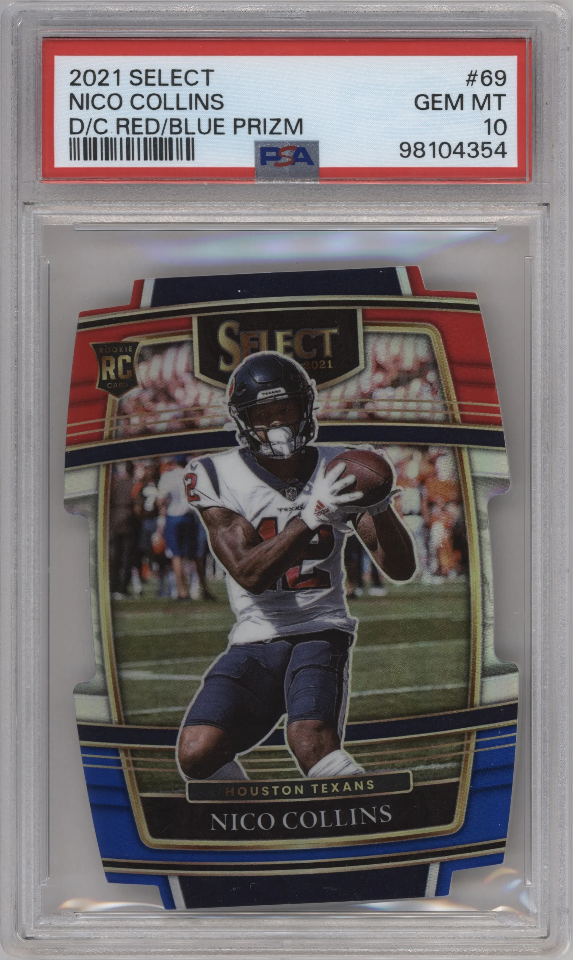 Nico Collins from the 2021 Panini Select set featuring a Die-Cut Red/Blue  parallel graded by PSA and given an overall grade of 10.