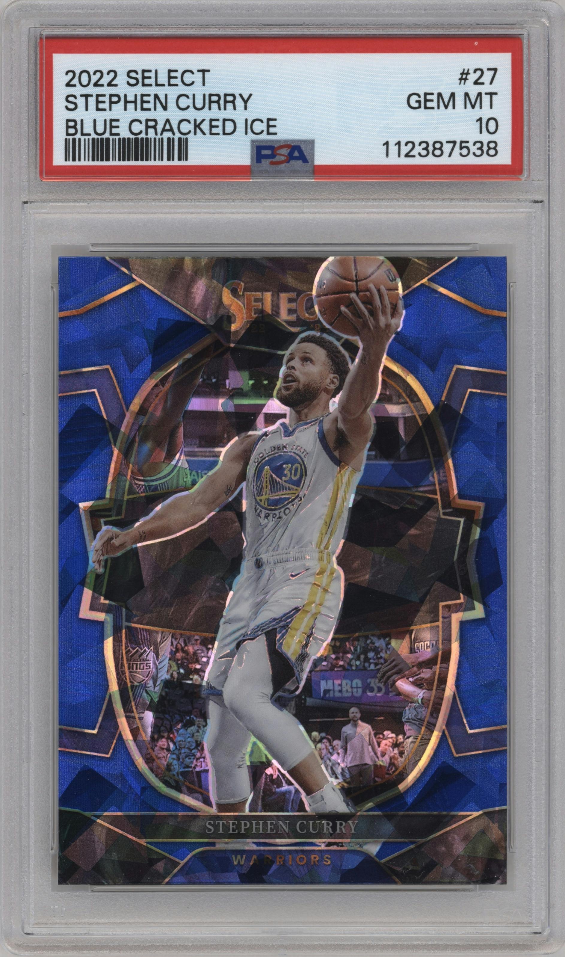 Stephen Curry from the 2022-23 Panini Select set featuring a Blue Cracked Ice parallel graded by PSA and given an overall grade of 10.