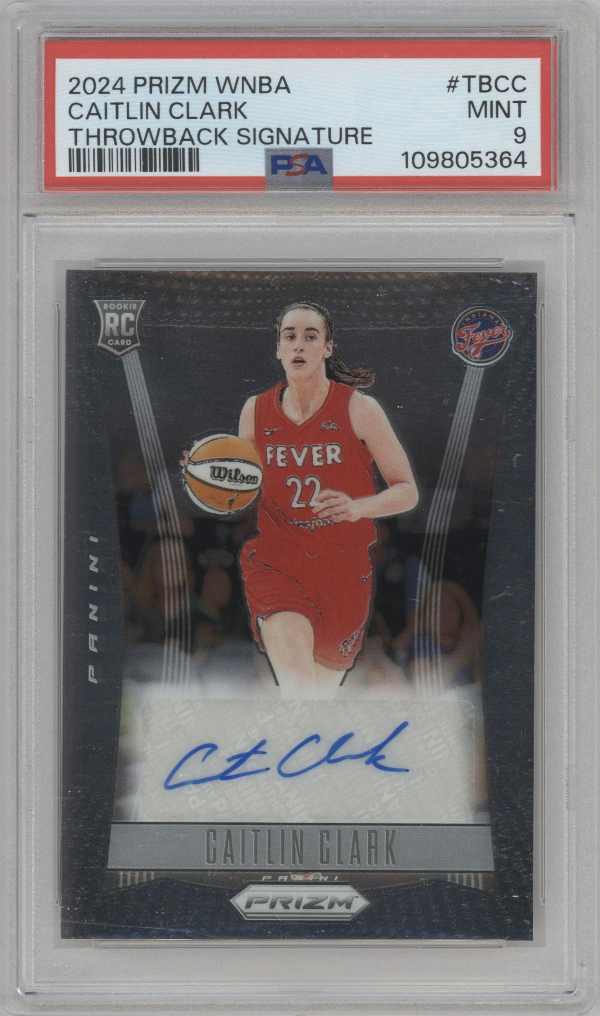 Caitlin Clark from the 2024 Panini Prizm WNBA set graded by PSA and given an overall grade of 9.