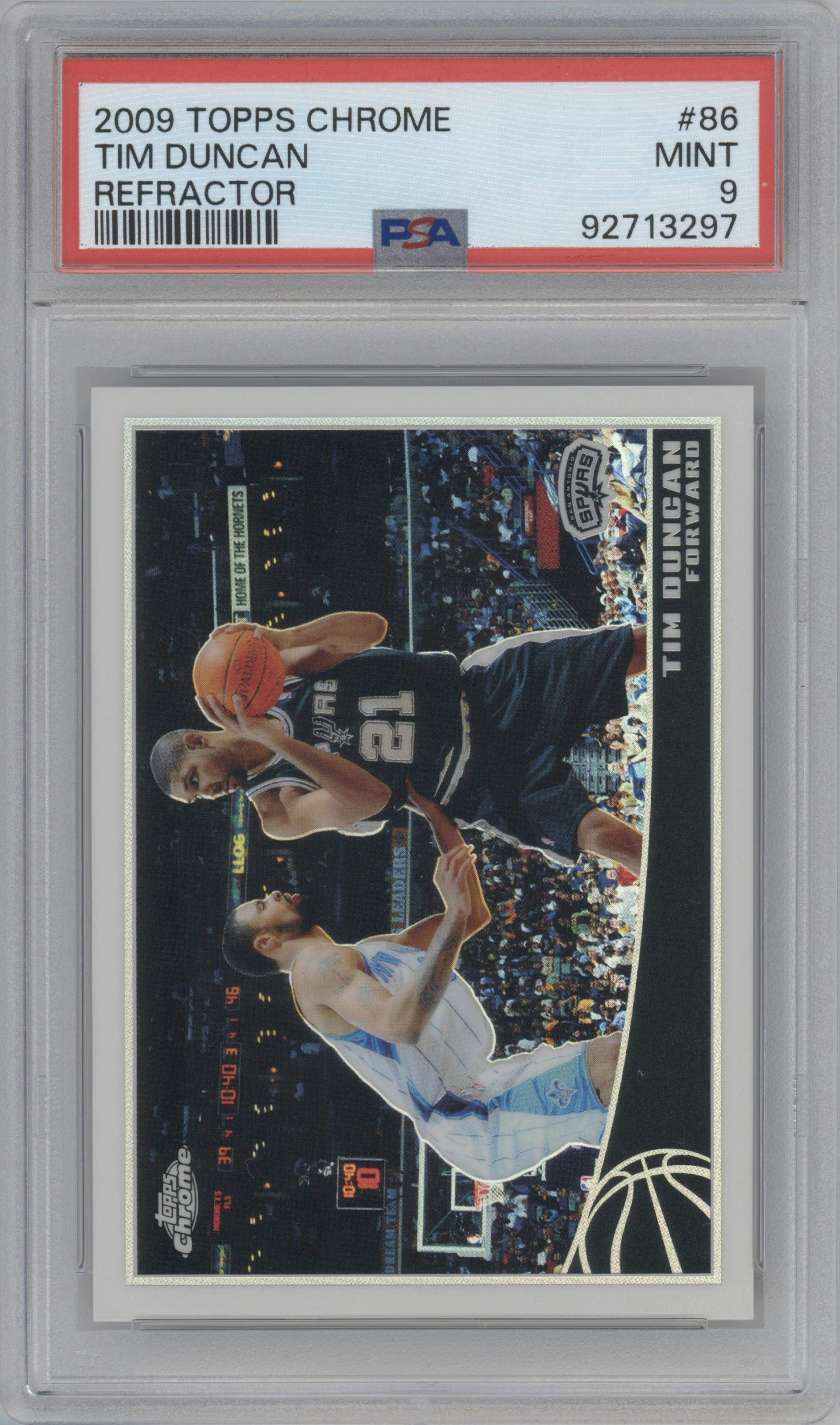 Tim Duncan from the 2009-10 Topps Chrome set featuring a Refractor parallel graded by PSA and given an overall grade of 9.