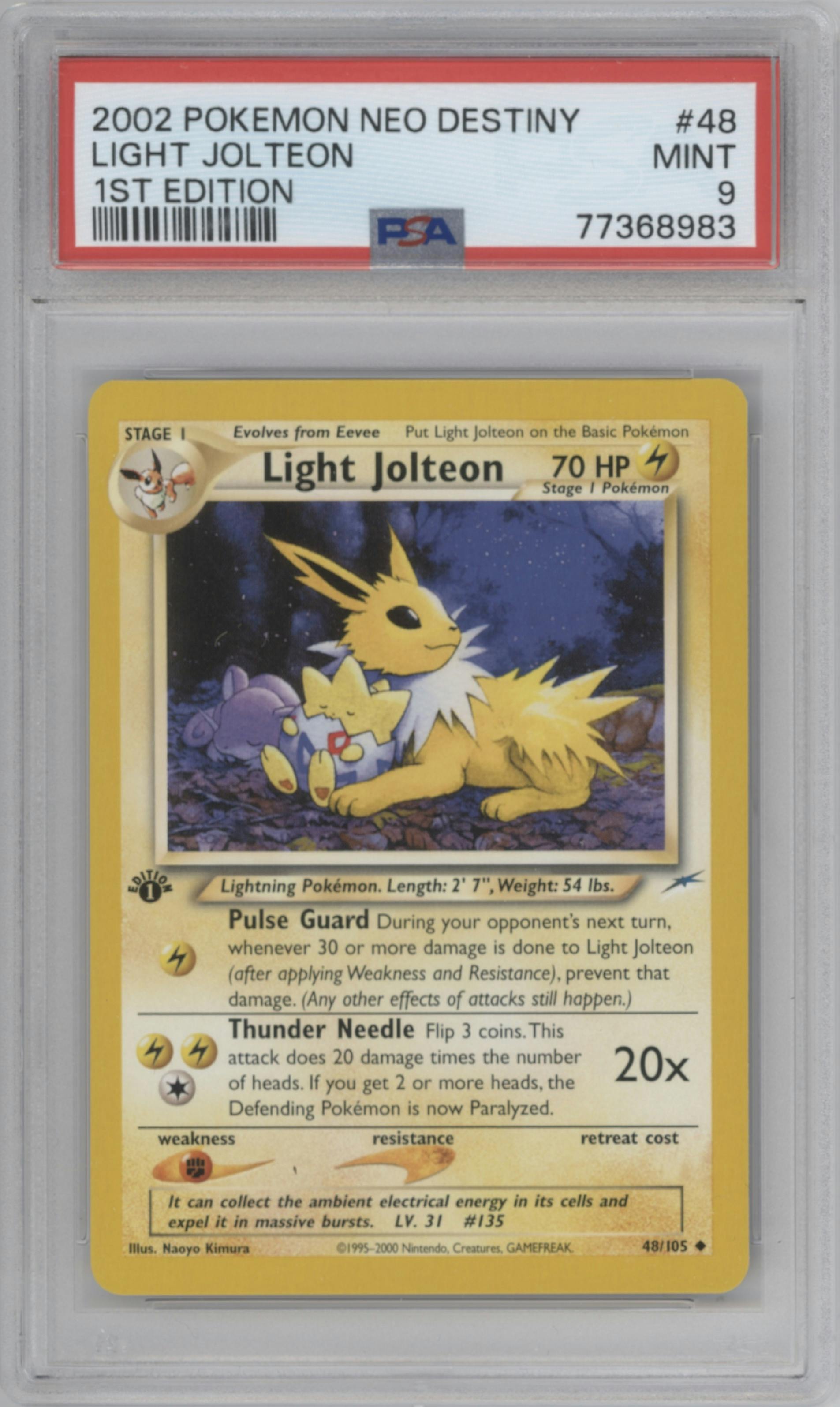Light Jolteon from the 2002 Pokemon Neo Genesis set graded by PSA and given an overall grade of 9.