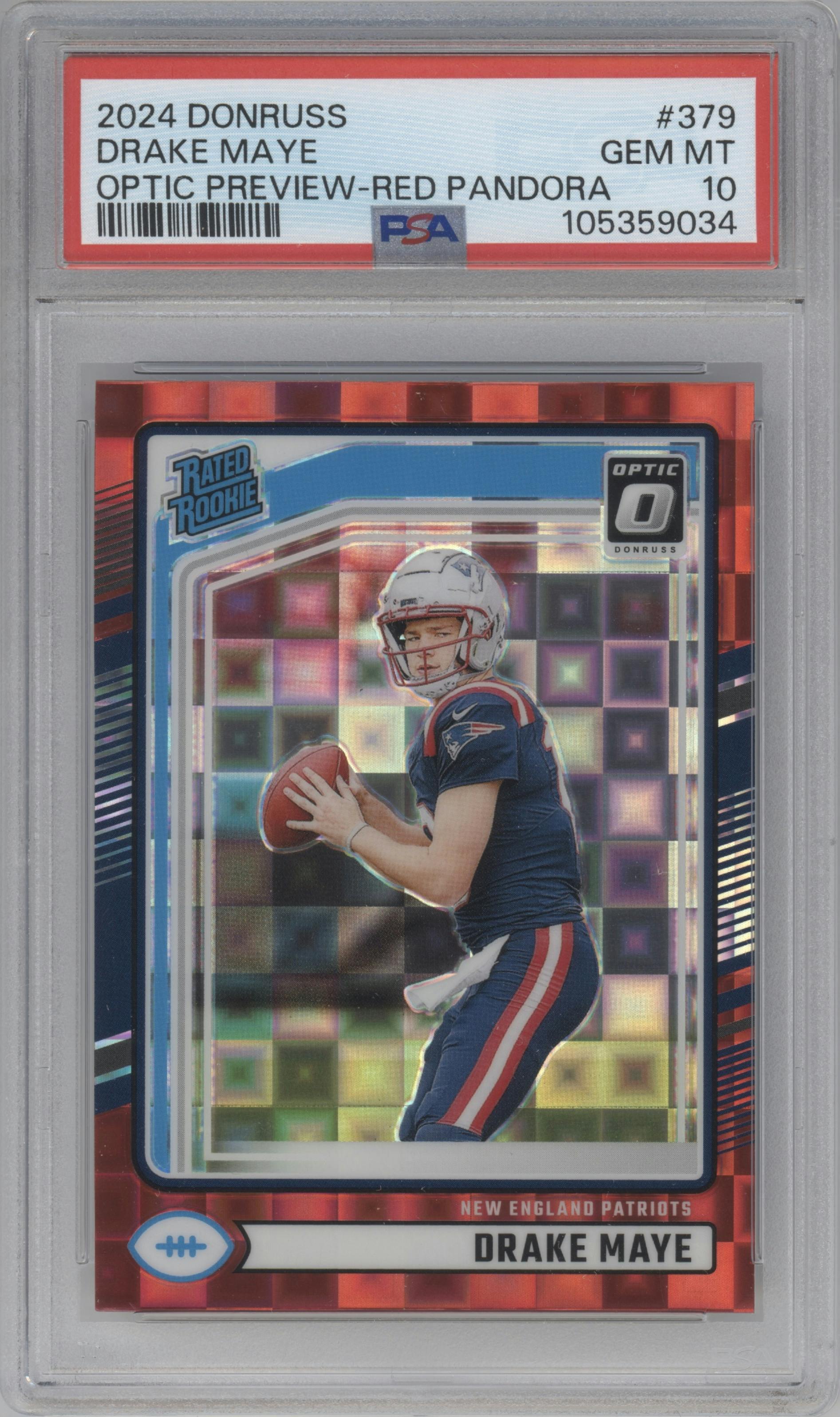 Drake Maye from the 2024 Donruss set featuring a Red Pandora parallel graded by PSA and given an overall grade of 10.