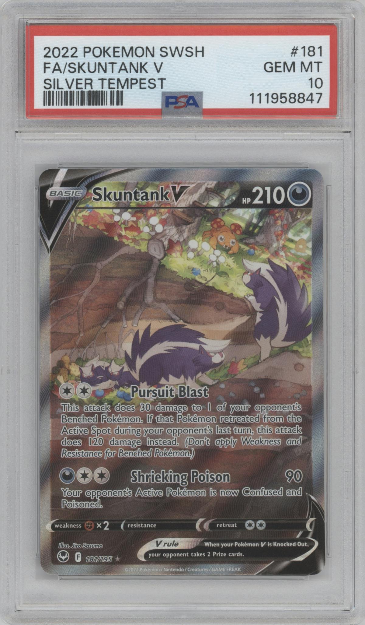 Skuntank V from the 2022 Pokemon SWSH set graded by PSA and given an overall grade of 10.