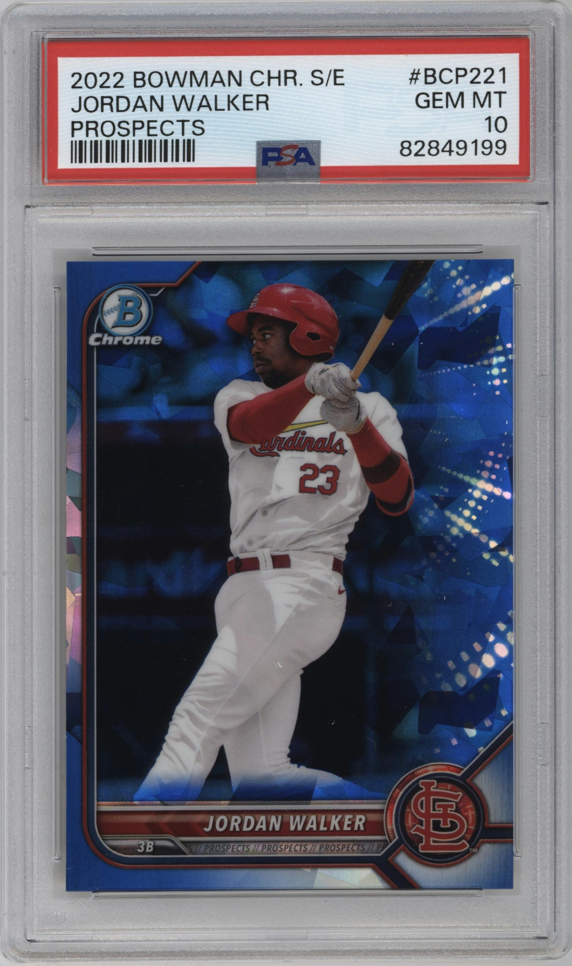 Jordan Walker from the 2022 Bowman Chrome Sapphire Edition set graded by PSA and given an overall grade of 10.