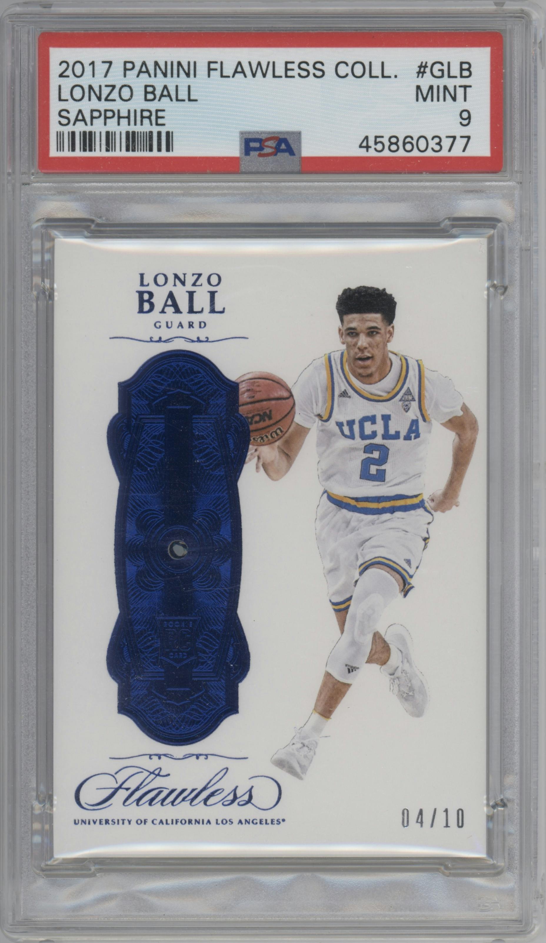 Lonzo Ball from the 2017 Panini Flawless Collegiate Basketball set featuring a Sapphire parallel graded by PSA and given an overall grade of 9.