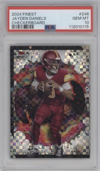 Jayden Daniels from the 2024 Finest set featuring a Checkerboard Refractor parallel graded by PSA and given an overall grade of 10.