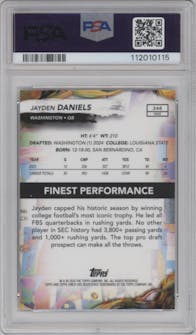 Jayden Daniels from the 2024 Finest set featuring a Checkerboard Refractor parallel graded by PSA and given an overall grade of 10.