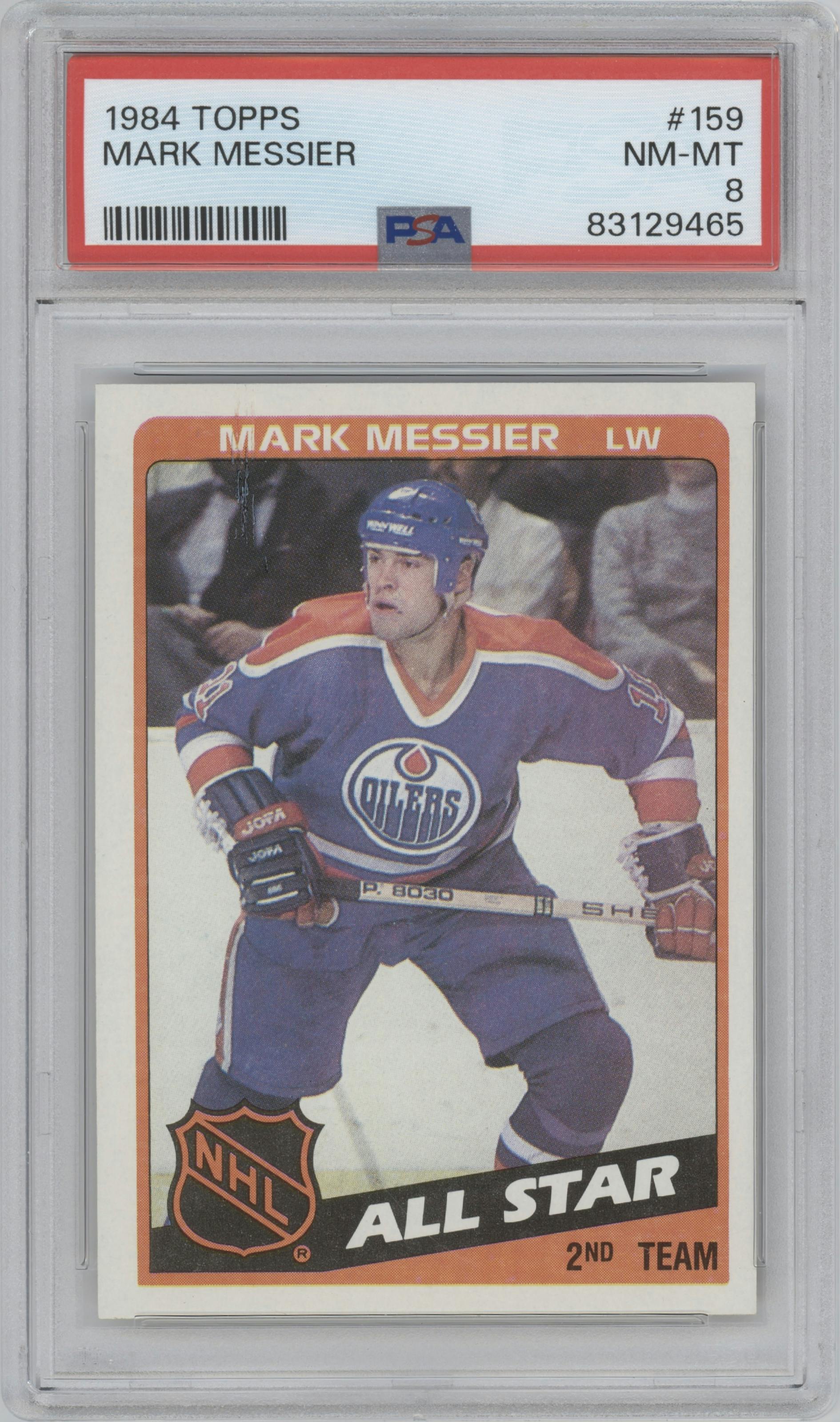 Mark Messier from the 1984-85 Topps set graded by PSA and given an overall grade of 8.