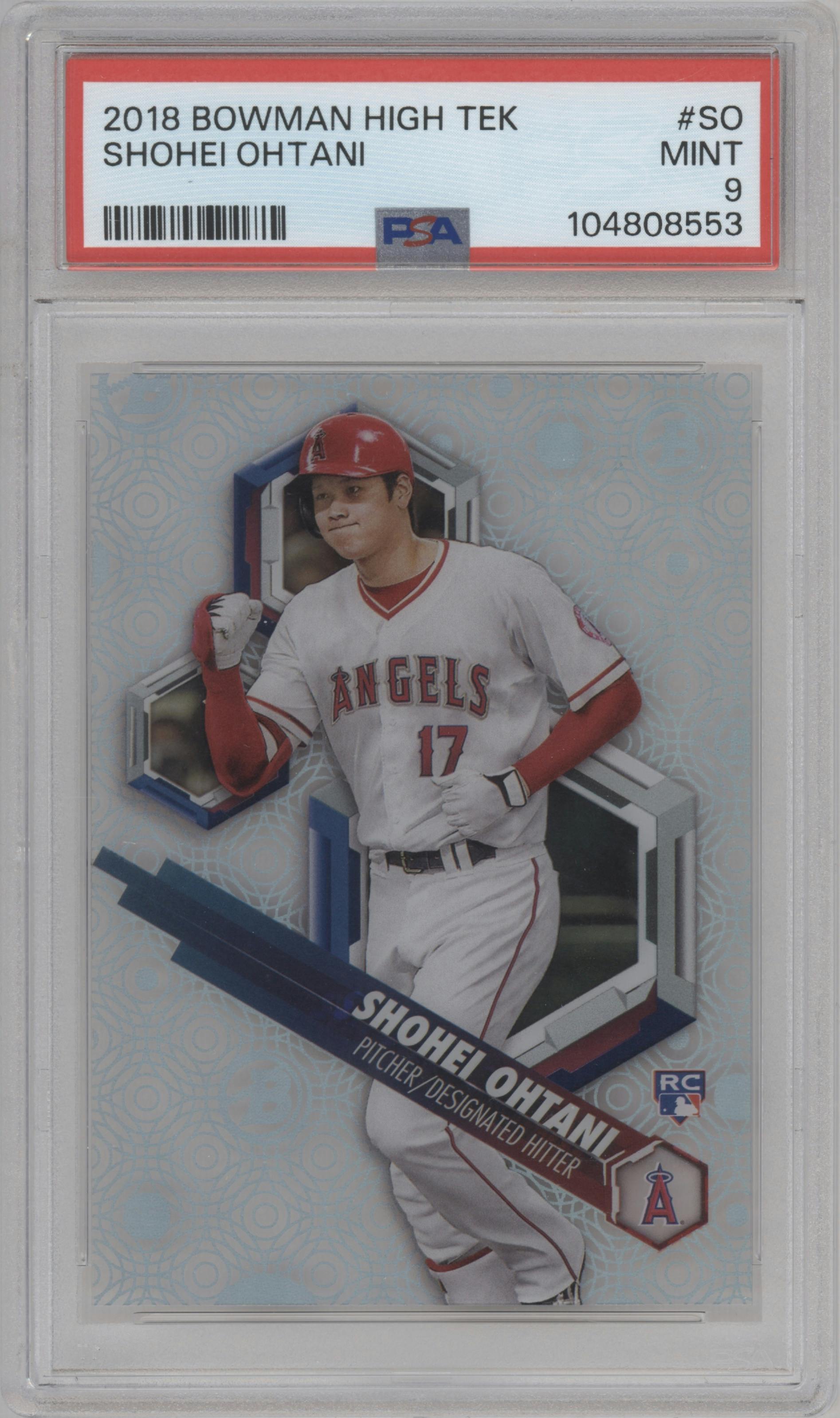 Shohei Ohtani from the 2018 Bowman High Tek set graded by PSA and given an overall grade of 9.