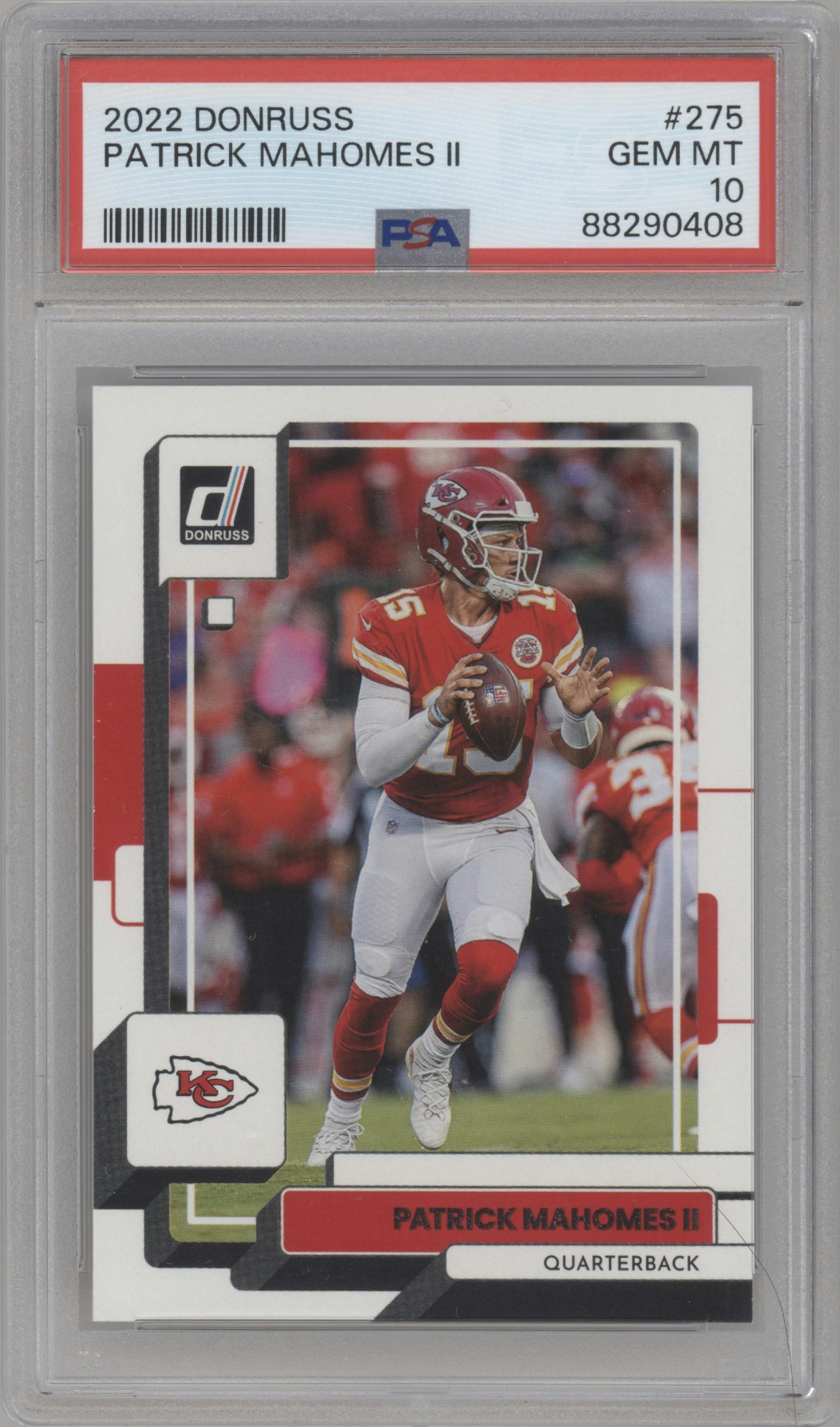 Patrick Mahomes II from the 2022 Panini Donruss set graded by PSA and given an overall grade of 10.