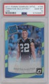 Christian McCaffrey from the 2017 Panini Donruss Optic set featuring a Lime parallel graded by PSA and given an overall grade of 10.