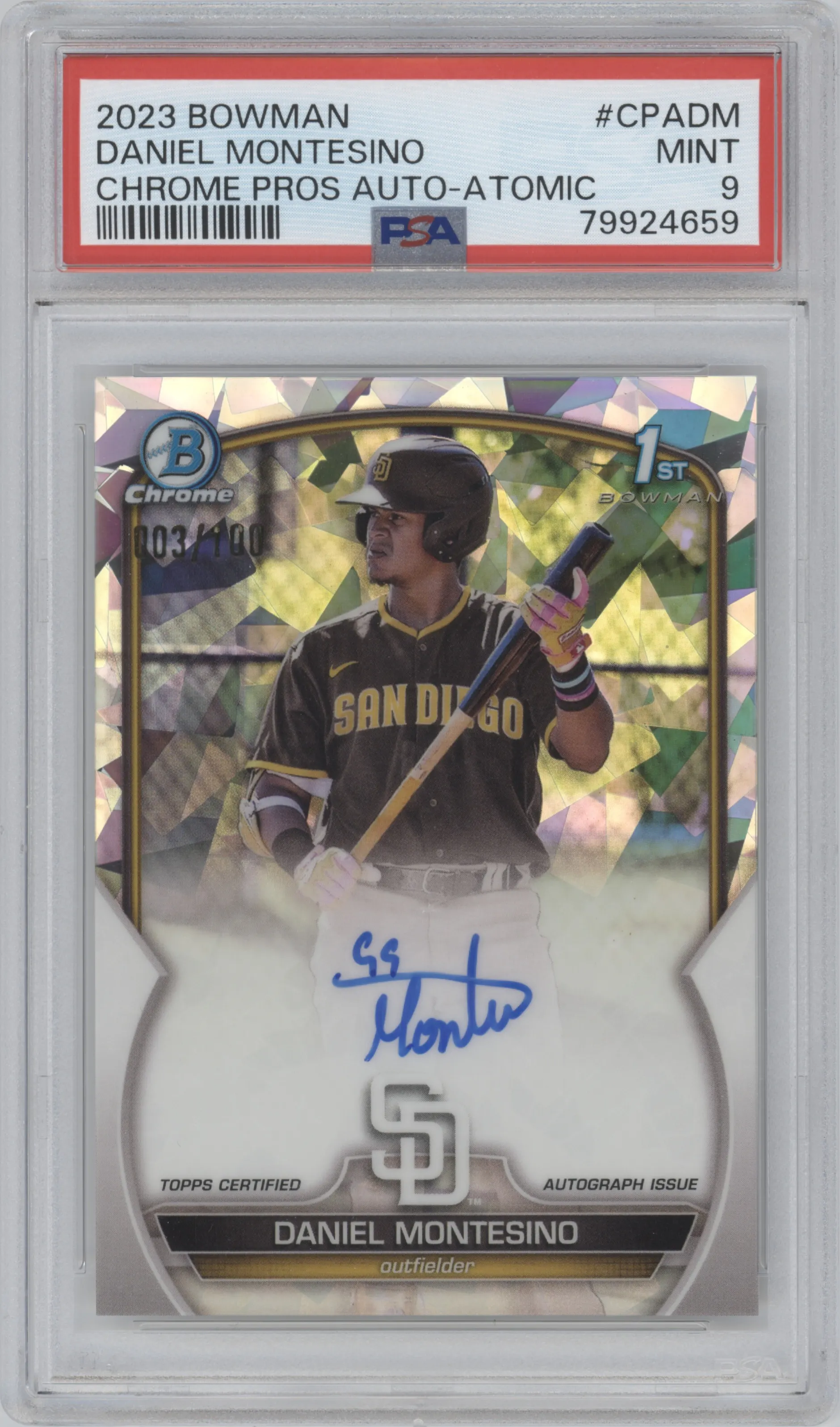Daniel Montesino from the 2023 Bowman  set featuring a Atomic Refractor  parallel graded by PSA and given an overall grade of 9.