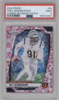 Trey Hendrickson from the 2024 Panini Prizm set featuring a Choice Cherry Blossom Prizm parallel graded by PSA and given an overall grade of 9.