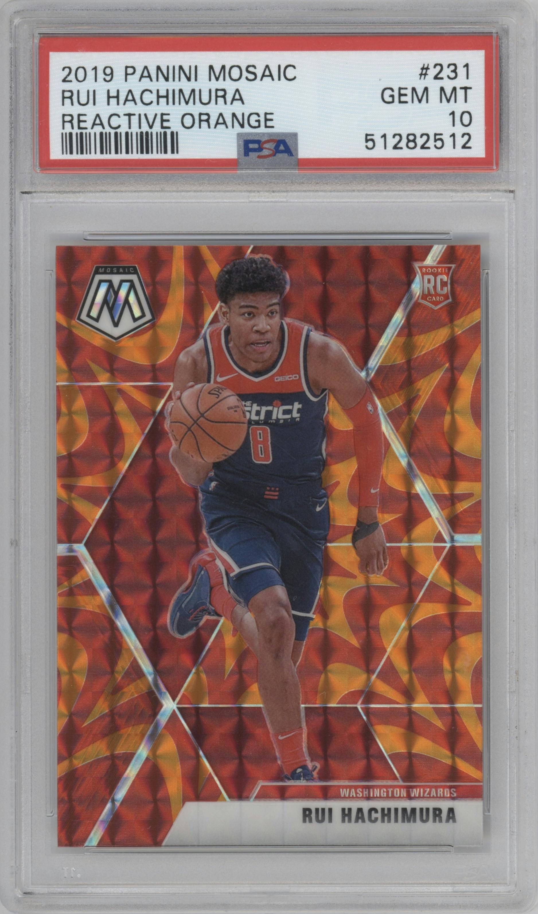 Rui Hachimura from the 2019-20 Panini Mosaic  set featuring a Reactive Orange parallel graded by PSA and given an overall grade of 10.