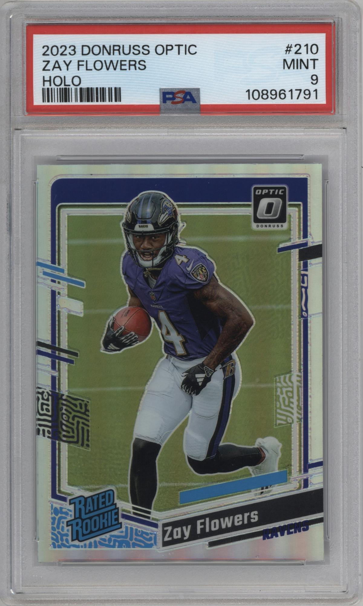 Zay Flowers from the 2023 Donruss Optic set featuring a Holo parallel graded by PSA and given an overall grade of 9.