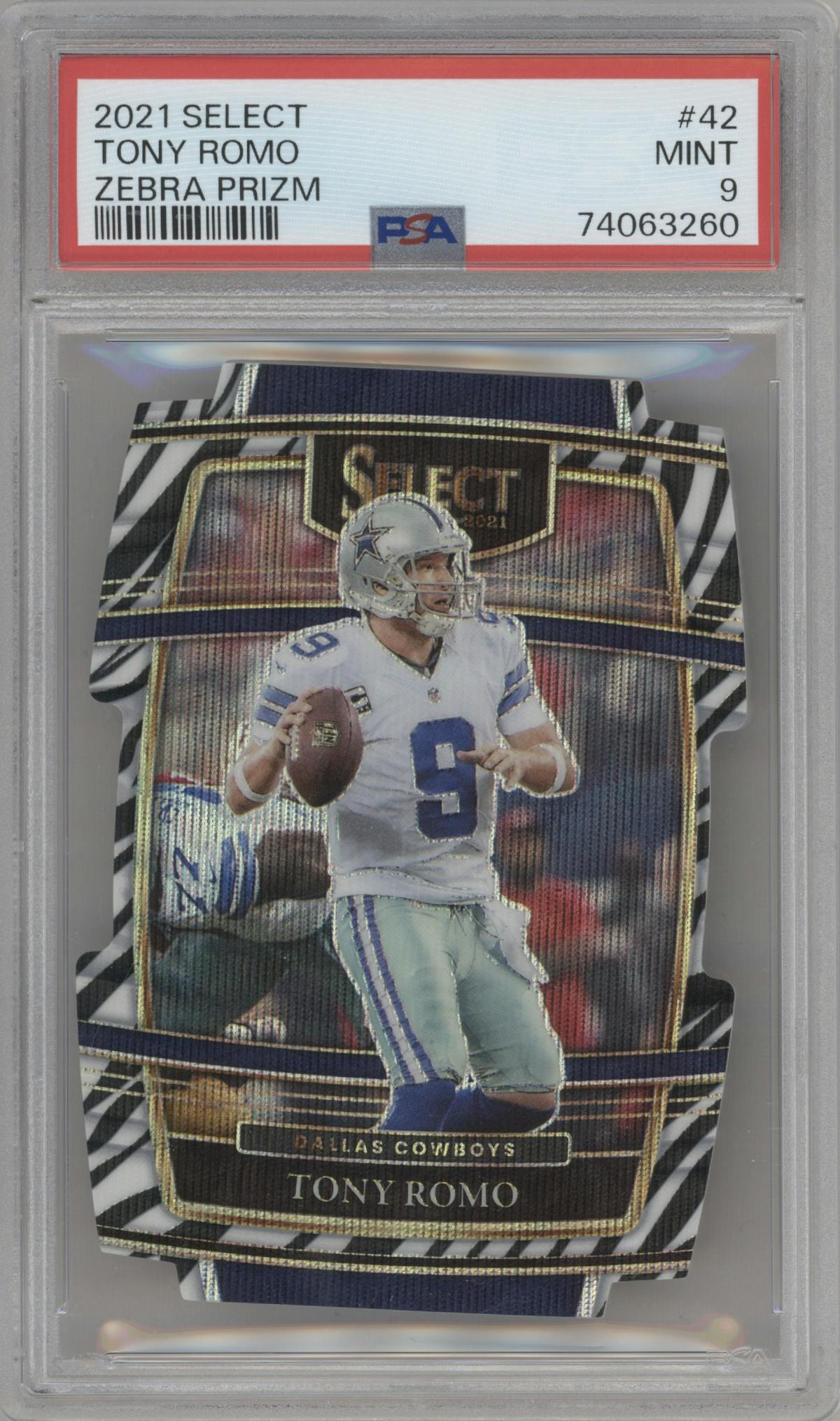 Tony Romo  from the 2021 Panini Select set featuring a Die-Cut Zebra parallel graded by PSA and given an overall grade of 9.