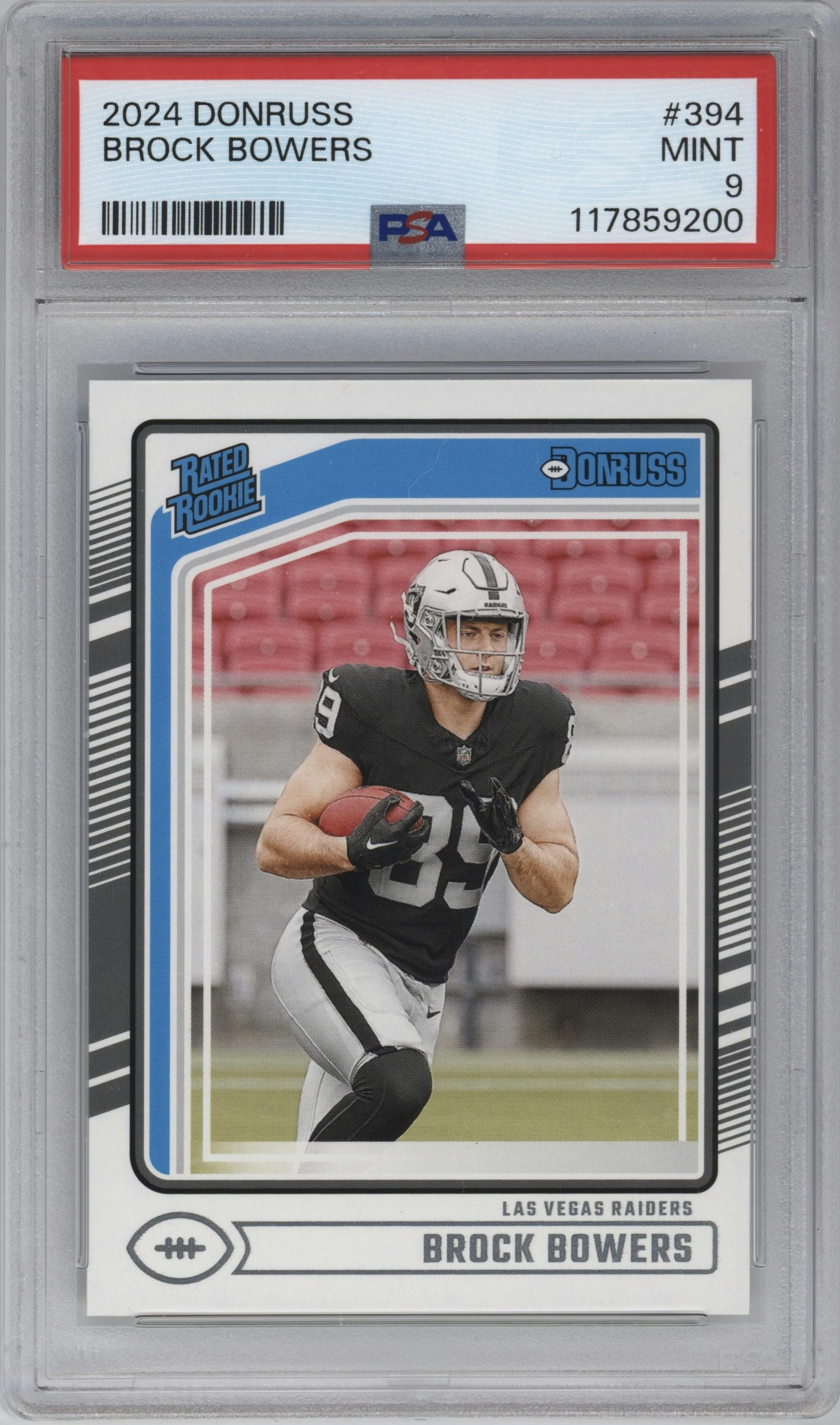 Brock Bowers from the 2024 Donruss set graded by PSA and given an overall grade of 9.