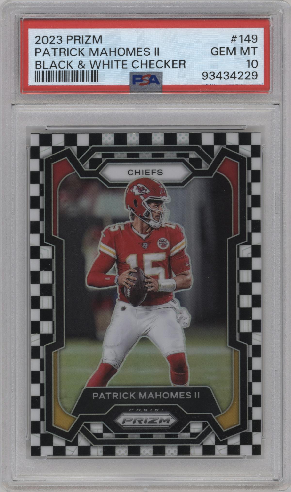 Patrick Mahomes II from the 2023 Panini Prizm set featuring a Black/White Checker parallel graded by PSA and given an overall grade of 10.
