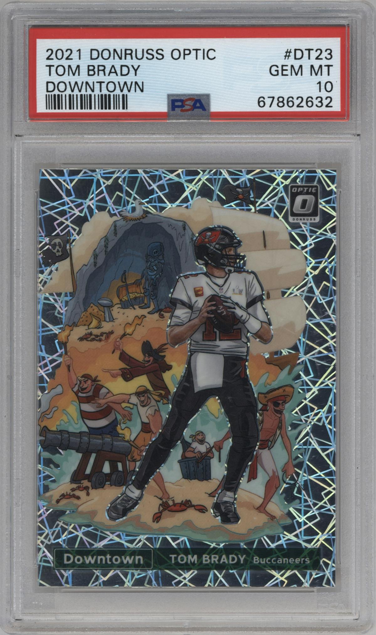 Tom Brady from the 2021 Panini Donruss Optic set graded by PSA and given an overall grade of 10.