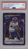 Justin Jefferson from the 2020 Panini Donruss Optic set featuring a Purple Shock parallel graded by PSA and given an overall grade of 9.