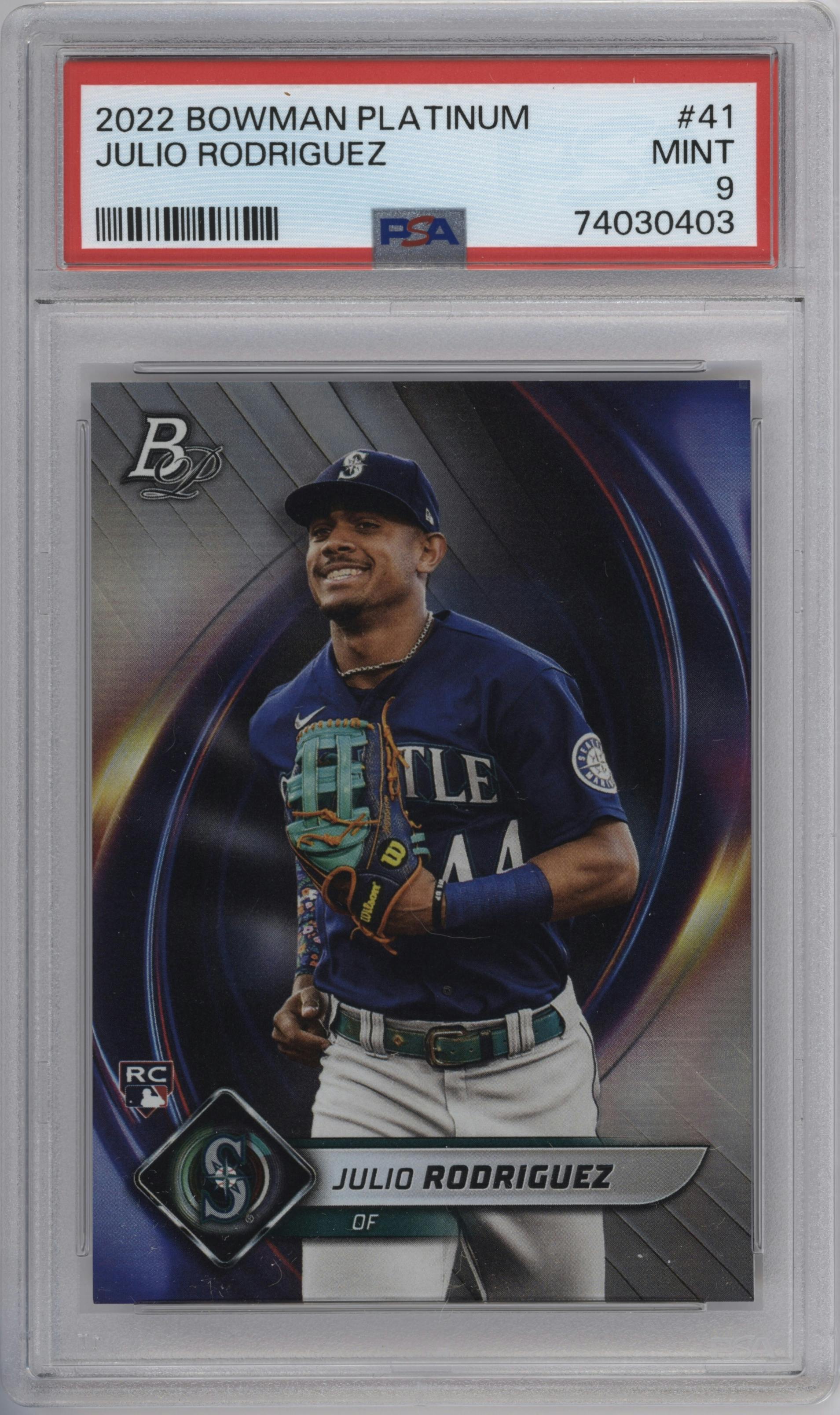 Julio Rodriguez from the 2022 Bowman Platinum set graded by PSA and given an overall grade of 9.