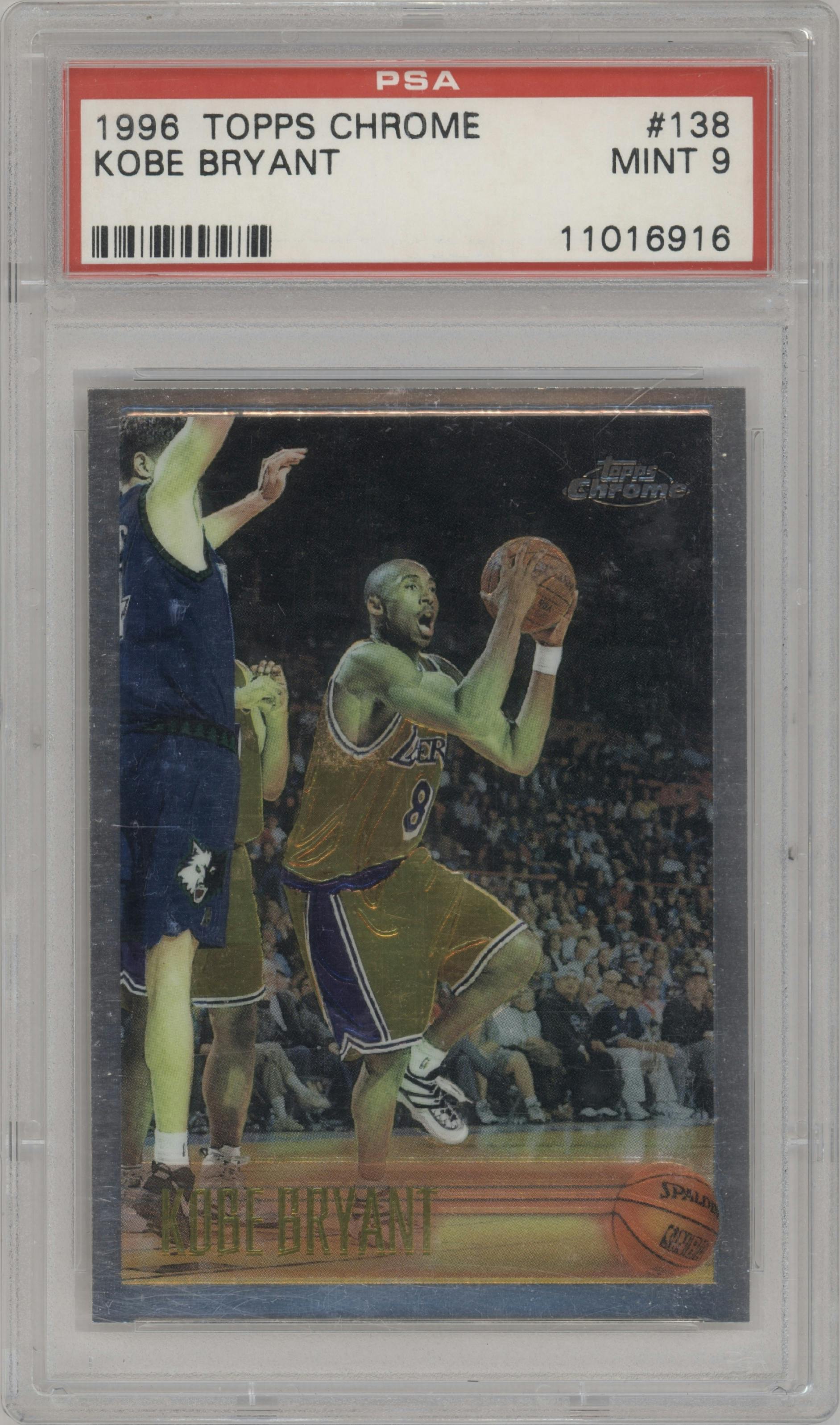 Kobe Bryant from the 1996-97 Topps Chrome set graded by PSA and given an overall grade of 9.