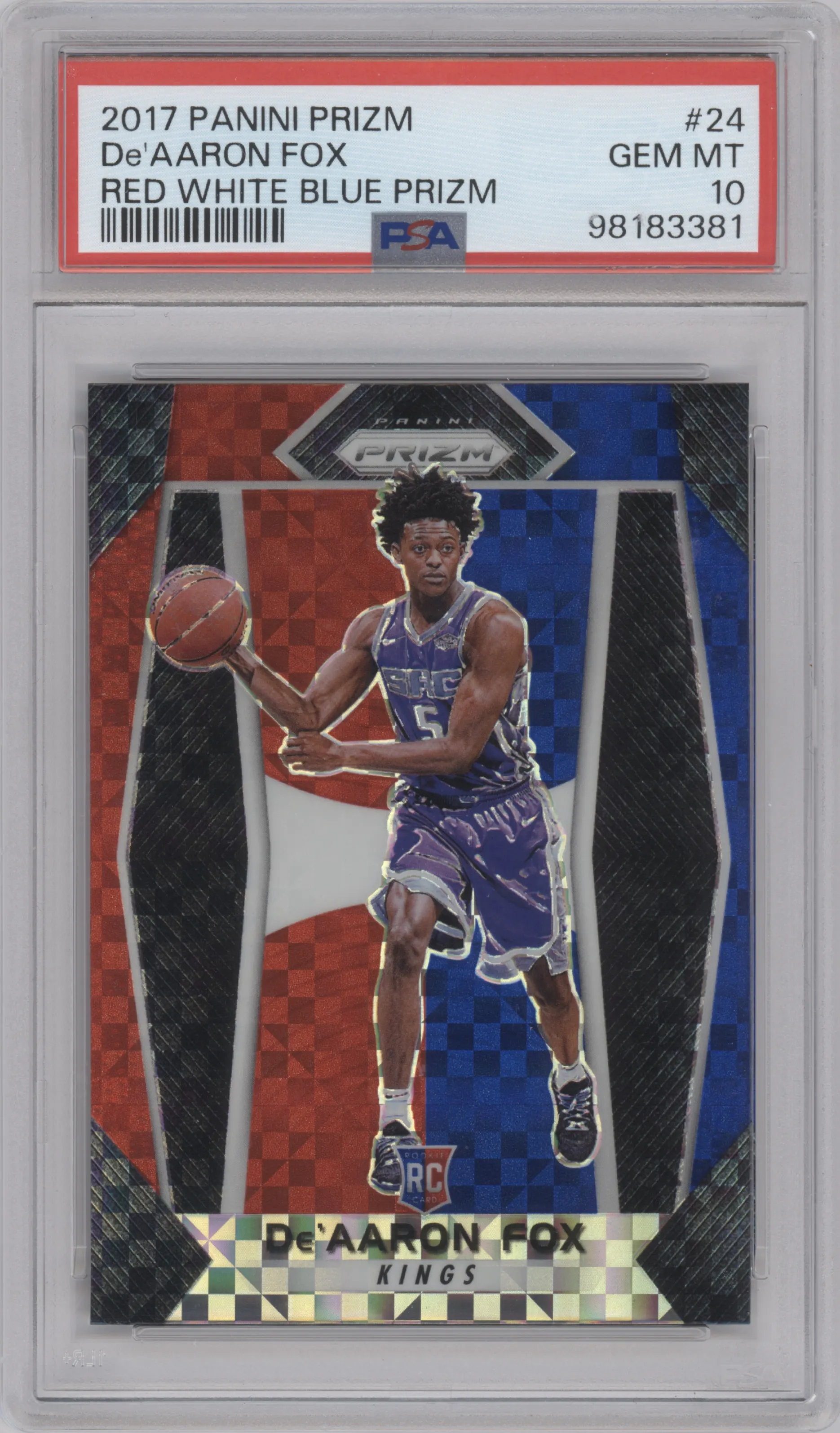 2017 Panini Prizm De'Aaron Fox Red/White/Blue Prizm PSA 10