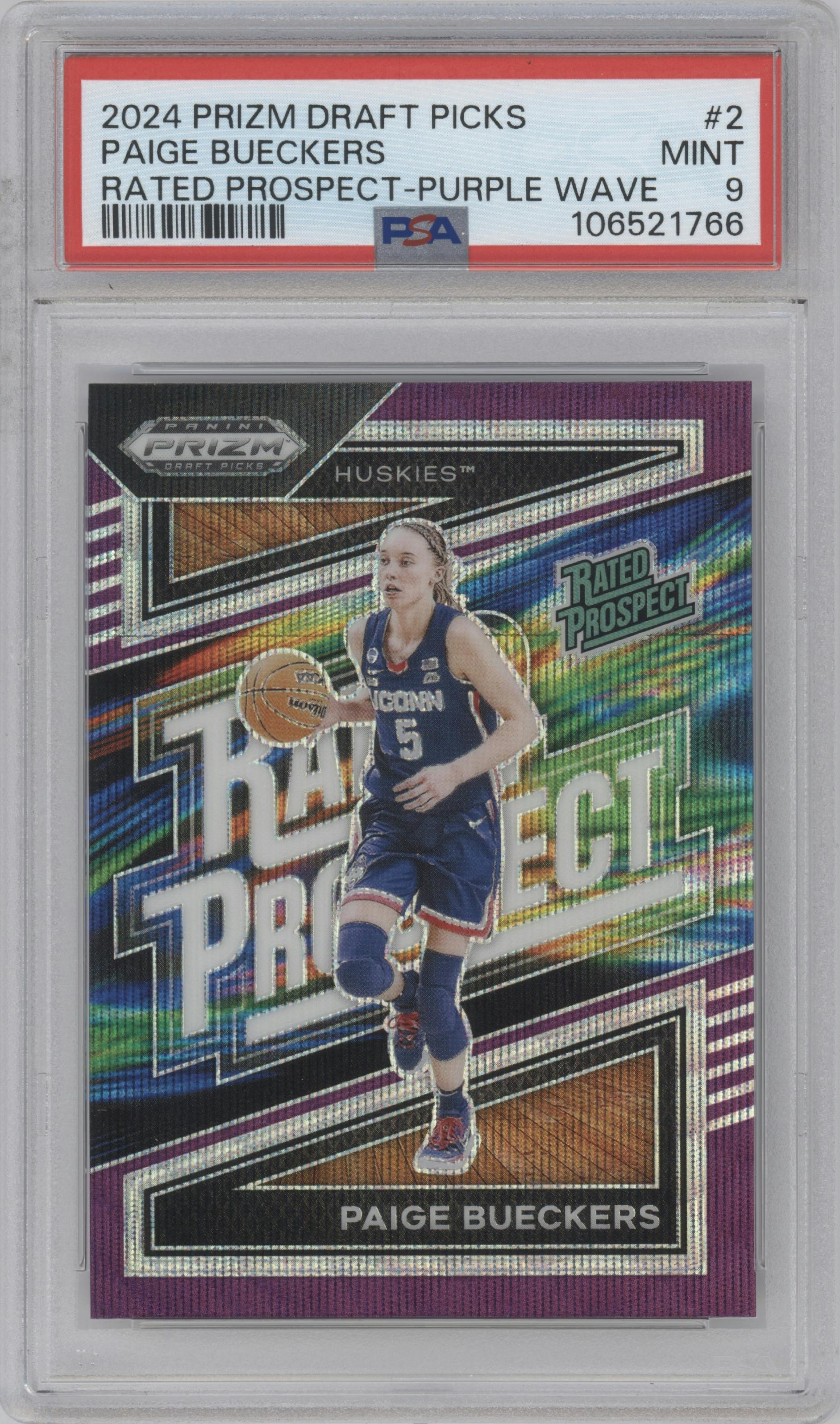 Paige Bueckers  from the 2024 Panini Prizm Draft Picks set featuring a Purple Wave parallel graded by PSA and given an overall grade of 9.