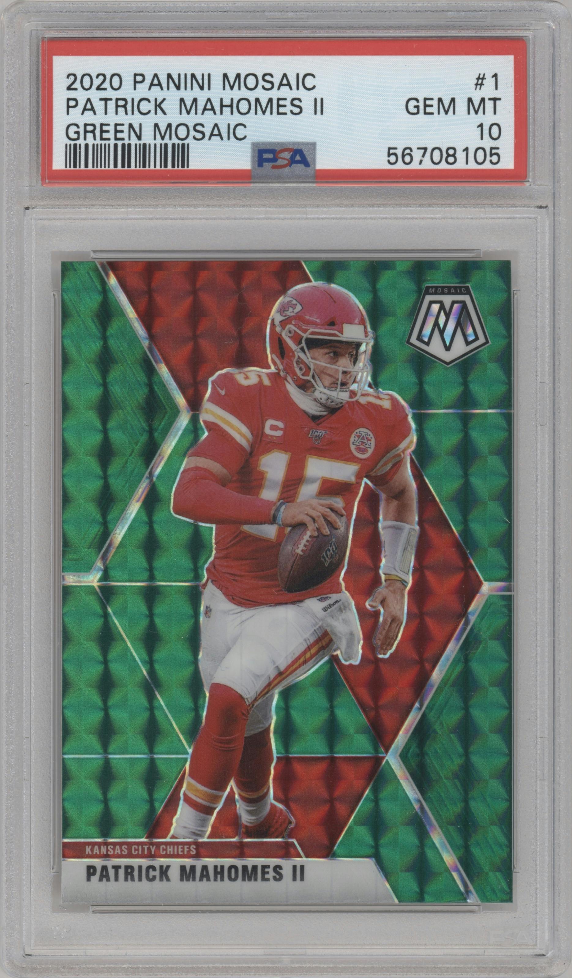 Patrick Mahomes II from the 2020 Panini Mosaic set featuring a Green Mosaic parallel graded by PSA and given an overall grade of 10.