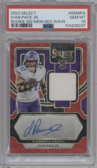 Ivan Pace Jr. from the 2023 Panini Select set featuring a Red Wave Prizm parallel graded by PSA and given an overall grade of 10.