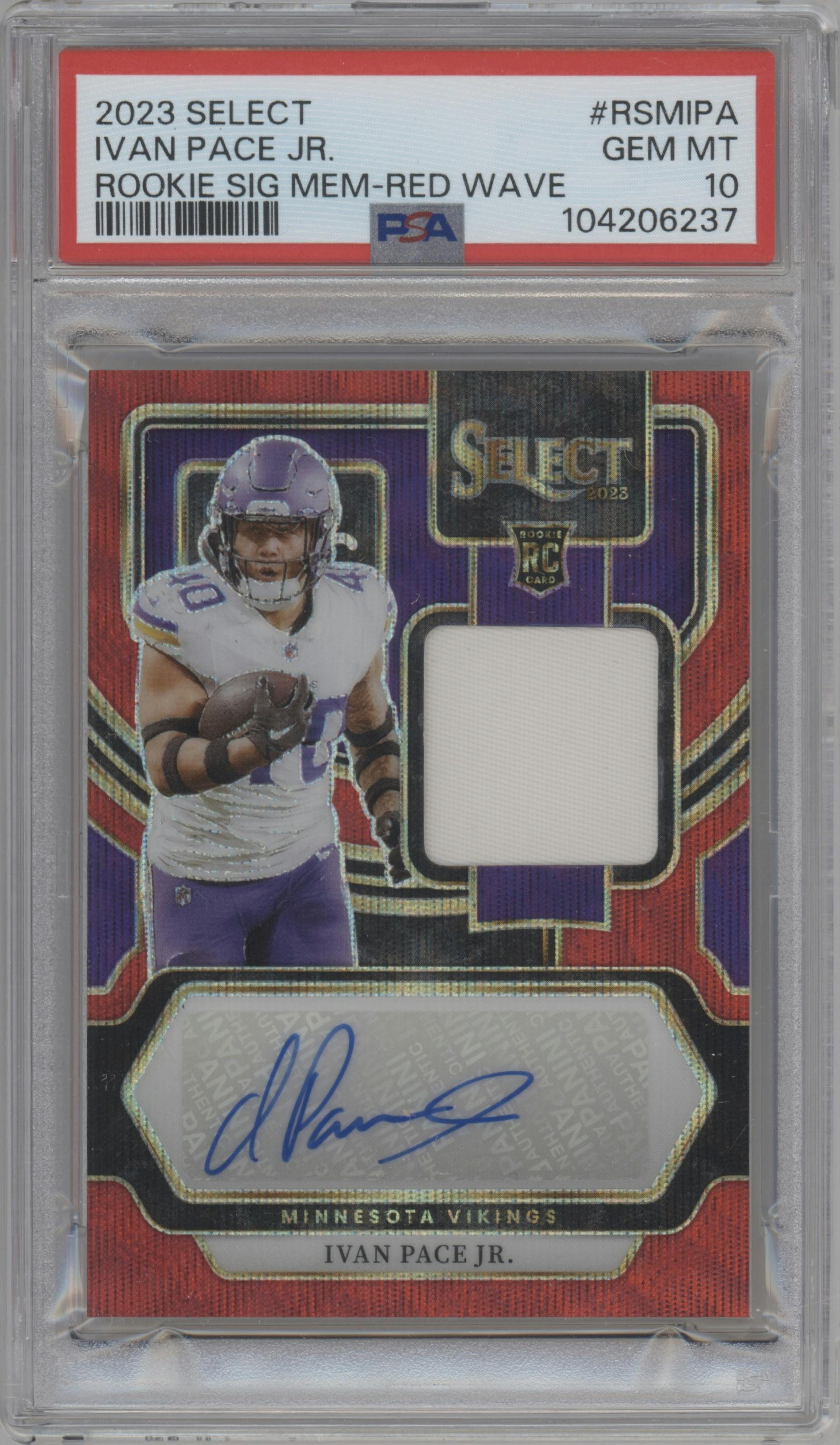 Ivan Pace Jr. from the 2023 Panini Select set featuring a Red Wave Prizm parallel graded by PSA and given an overall grade of 10.