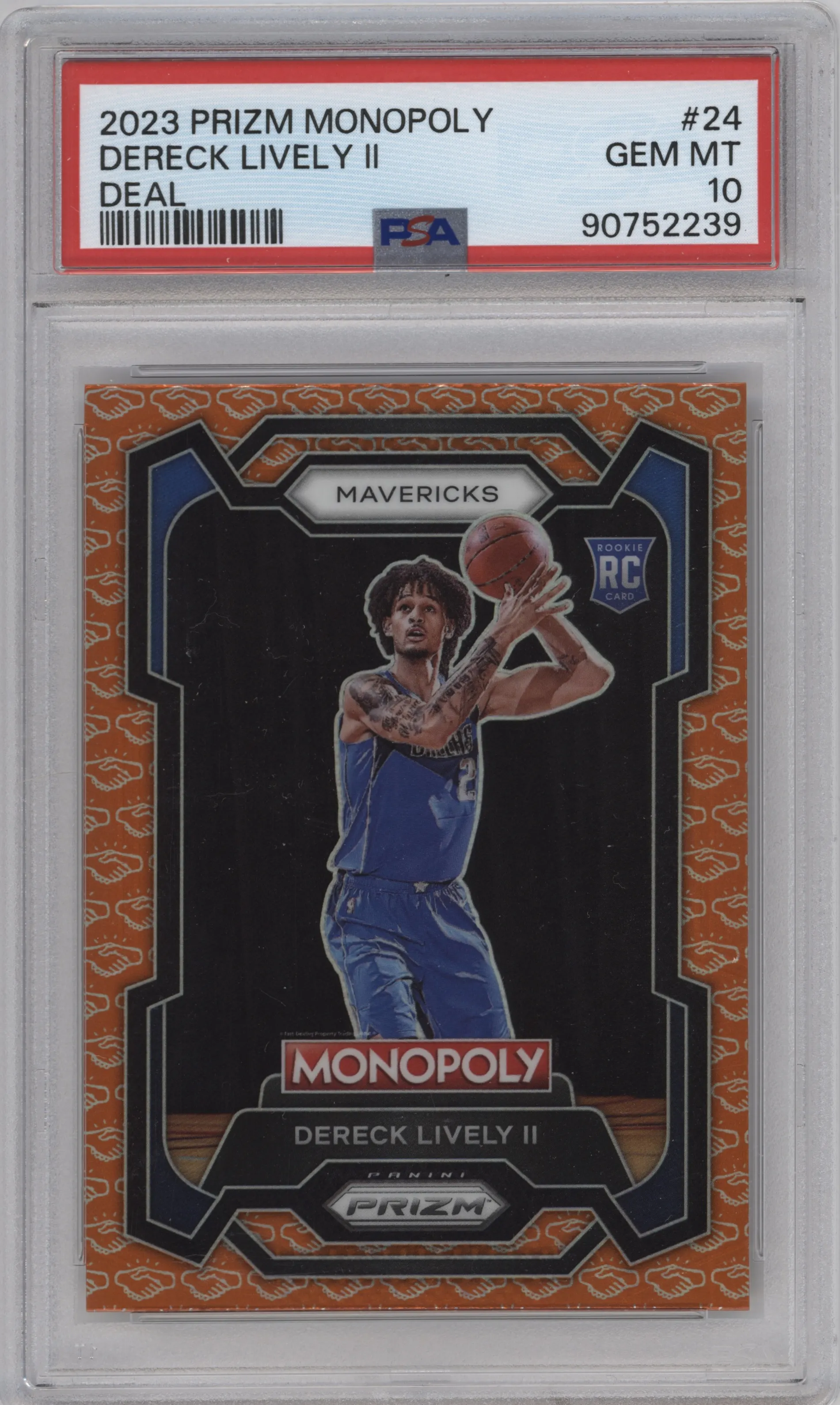 Dereck Lively II from the 2023-24 Panini Prizm Monopoly set featuring a Deal parallel graded by PSA and given an overall grade of 10.