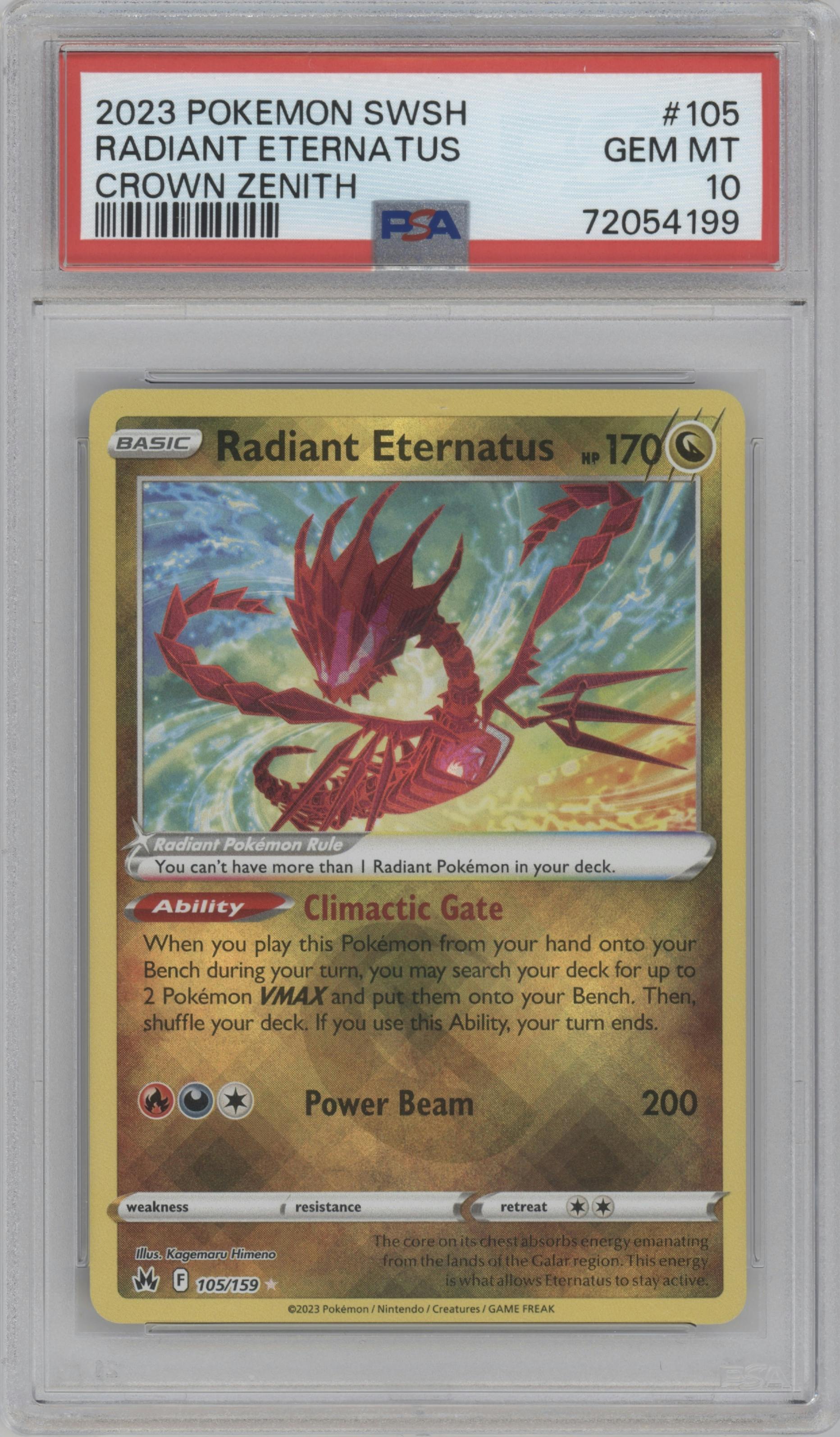 Radiant Eternatus from the 2023 Pokemon SWSH set graded by PSA and given an overall grade of 10.