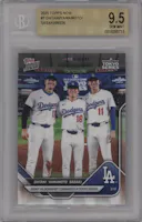 Shohei Ohtani/Yoshinobu Yamamoto/Roki Sasaki from the 2025 Topps Now set graded by Beckett and given an overall grade of 9.5.