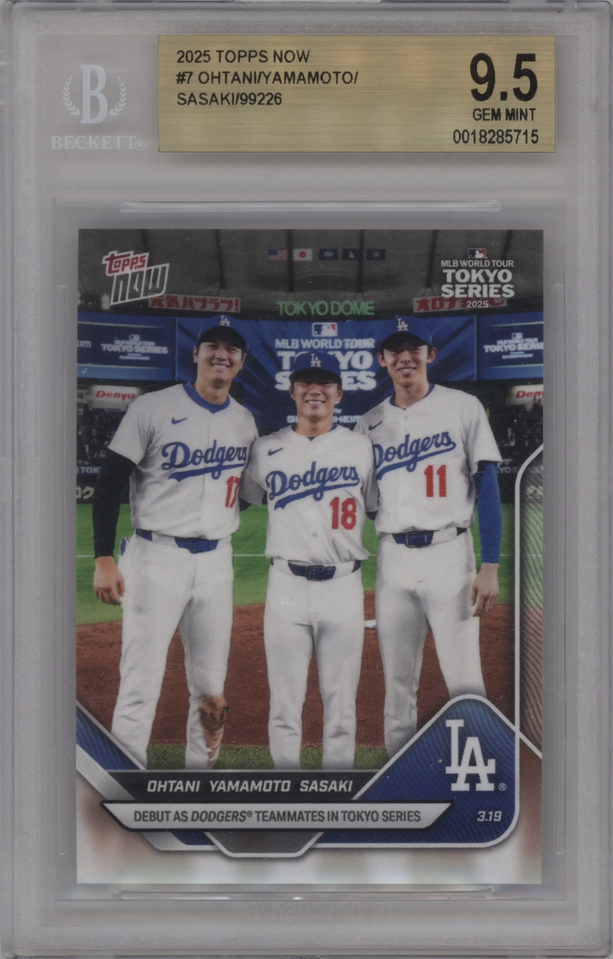 Shohei Ohtani/Yoshinobu Yamamoto/Roki Sasaki from the 2025 Topps Now set graded by Beckett and given an overall grade of 9.5.